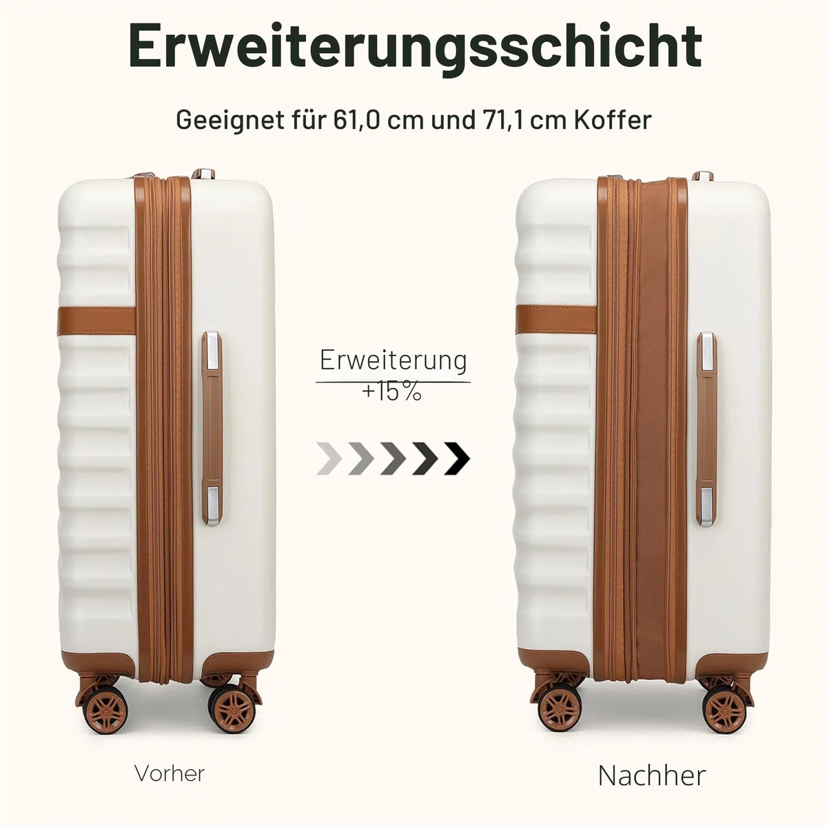 KONO Koffer Groß, Erweiterbar Hartschalenkoffer leicht, Reisekoffer mit 4 Rollen TSA Schloss, ABS+PC Hartschale (Creme/Braun,XL)
