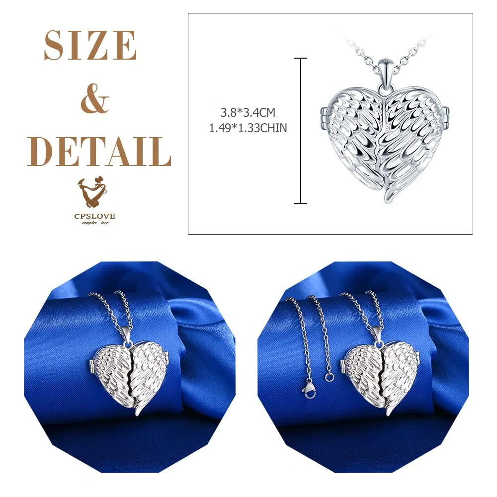 Damen 925 Silber Herz Halskette Medaillon, Engelsflügel Foto Anhänger Ketten, Persönlicher Schmuck für Frauen Mutter Freundin