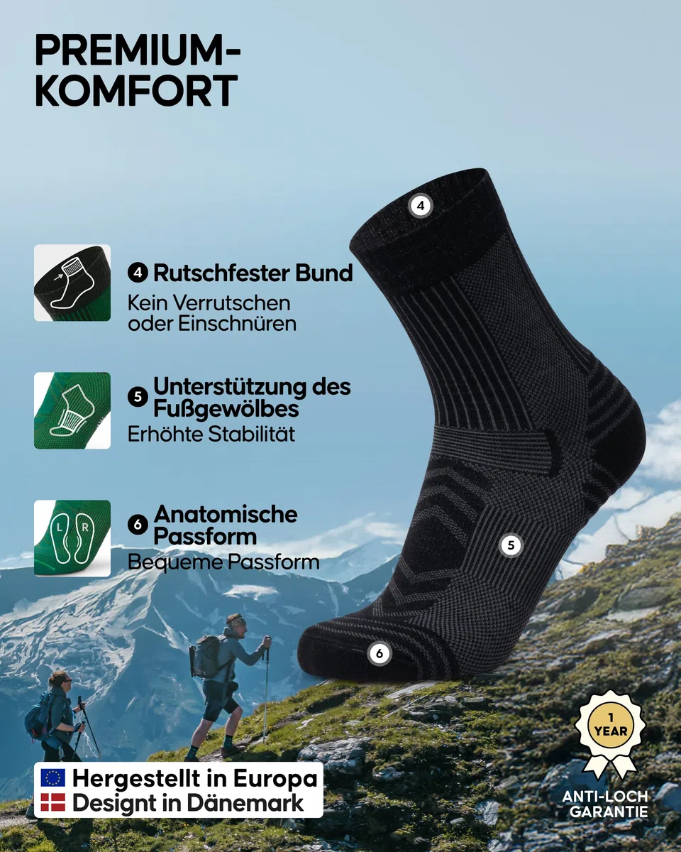 DANISH ENDURANCE Leichte Merinowolle Wandersocken, Arbeitssocken, Merino Socken, Funktionssocken, Atmungsaktiv, Gepolstert, Herren & Damen, 3 & 5 Paar