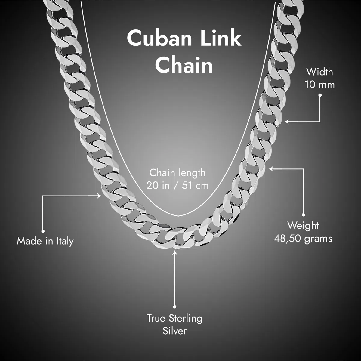 QUADRI - Kette Herren Silber | Silberkette 925 Silber | Halskette Herren | Panzerkette 10mm aus 925er Echtsilber - Cuban Chain für Herren - Made in Italy