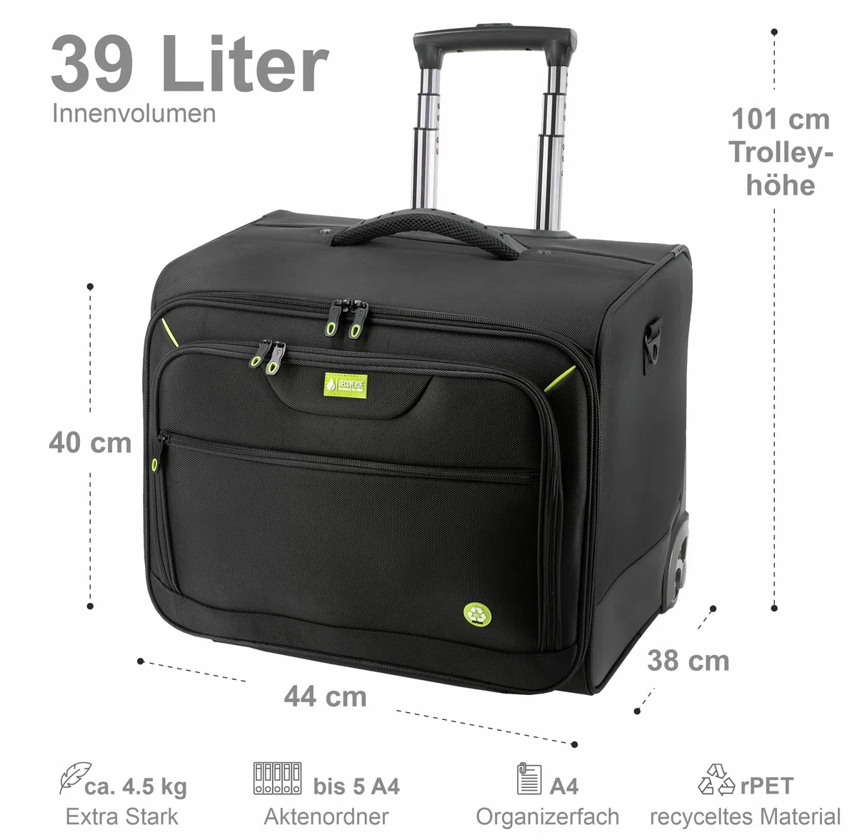Aktenkoffer mit Rollen – XL Aktenkoffer Trolley aus recyceltem Polyester (rPET) für 5 A4 Aktenordner, Pilotenkoffer Business, schwarz
