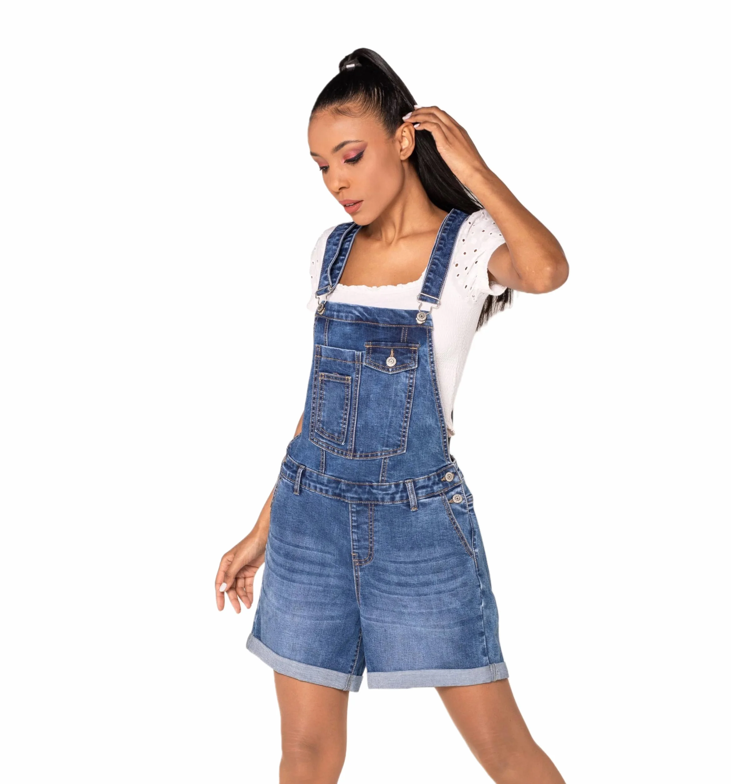 Nina Carter S511 Damen Jeans Latzshorts – Kurze Latzhose aus Denim mit Brusttaschen & Knöpfen – Sommer Overall im lässigen Look