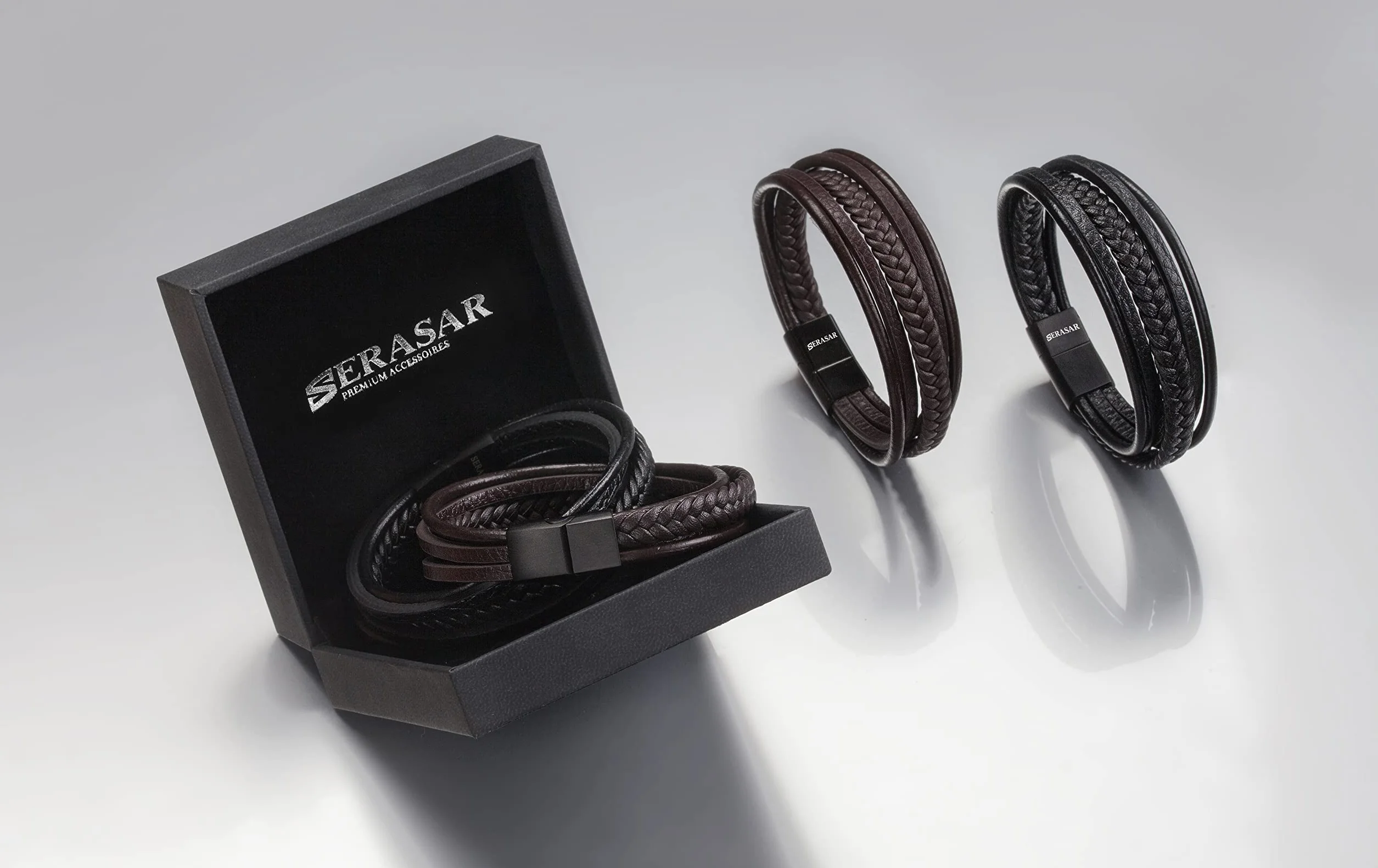 SERASAR Premium Echtlederarmband für Männer [Braid] in Schwarz & Braun | Verschiedene Längen | Magnetverschluss aus Edelstahl | Inklusive Schmuckschachtel | Tolles Geschenk für Männer