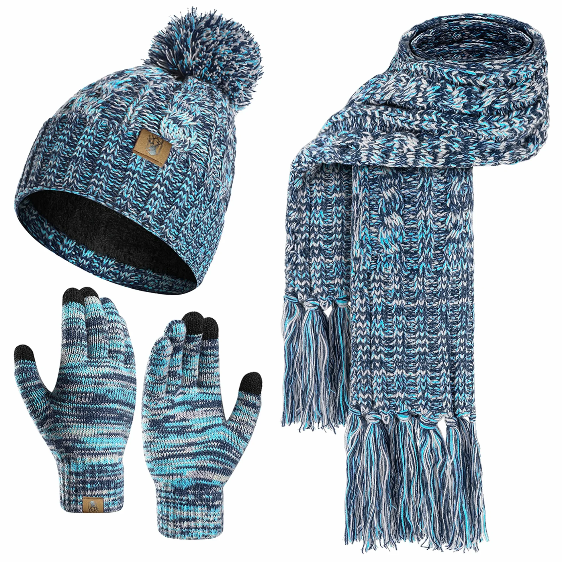 Mütze Schal Handschuhe Set Winter Weich Warm Pelzgefütterte Bommelmütze Langer Schal mit Quaste und Touchscreen Handschuhe Set 3-teiliges Melange Gestrickt Damen Unisex