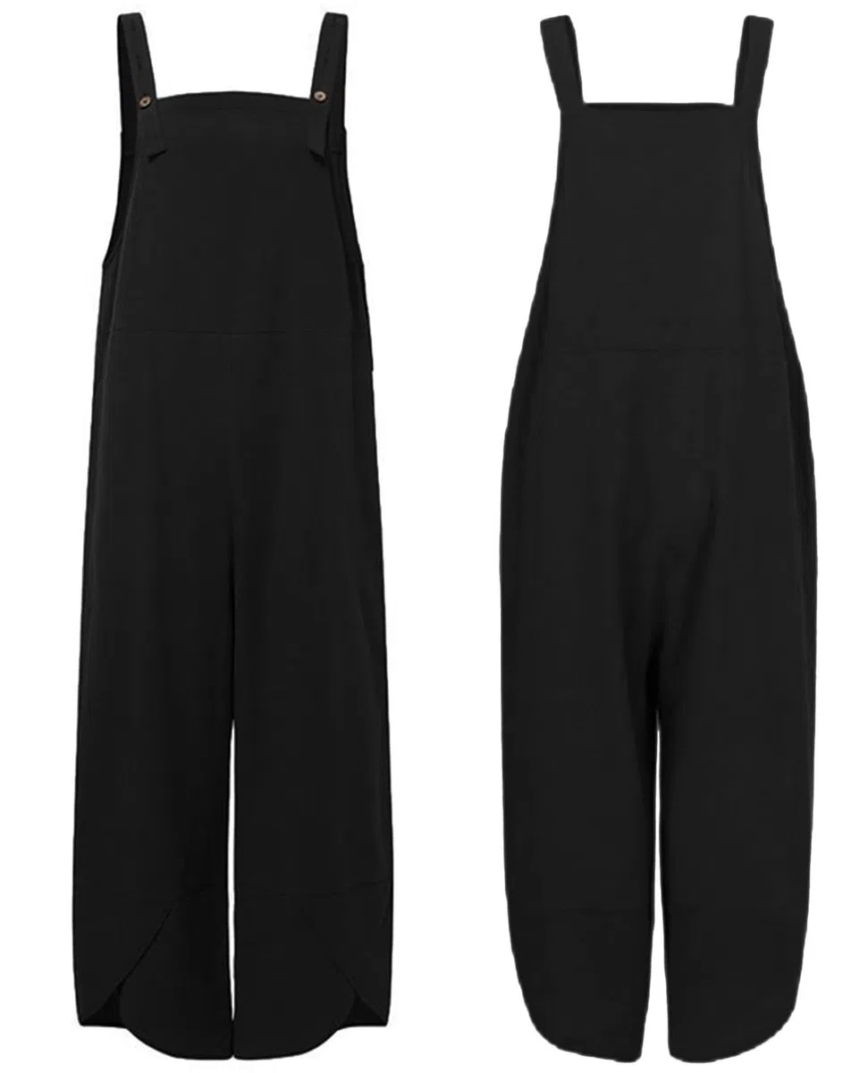 VEVESMUNDO Damen Latzhose Sommer Baggy Baumwolle Lang Elegant Retro Loose Breite Beine Jumpsuit Playsuit Overall Dungarees Hosen mit Taschen 34 36 38 40 42 44 46 48 50