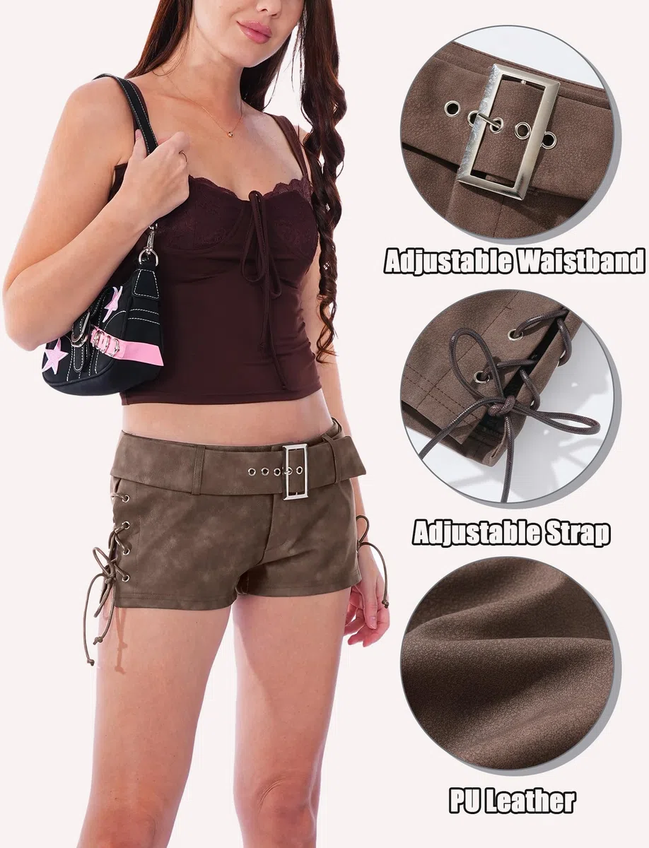 Damen Shorts PU Leder mit Schnüre Hose Kurz Party Karneval Outfit Sexy Outfit Rave Hotpants Elegant S-XL