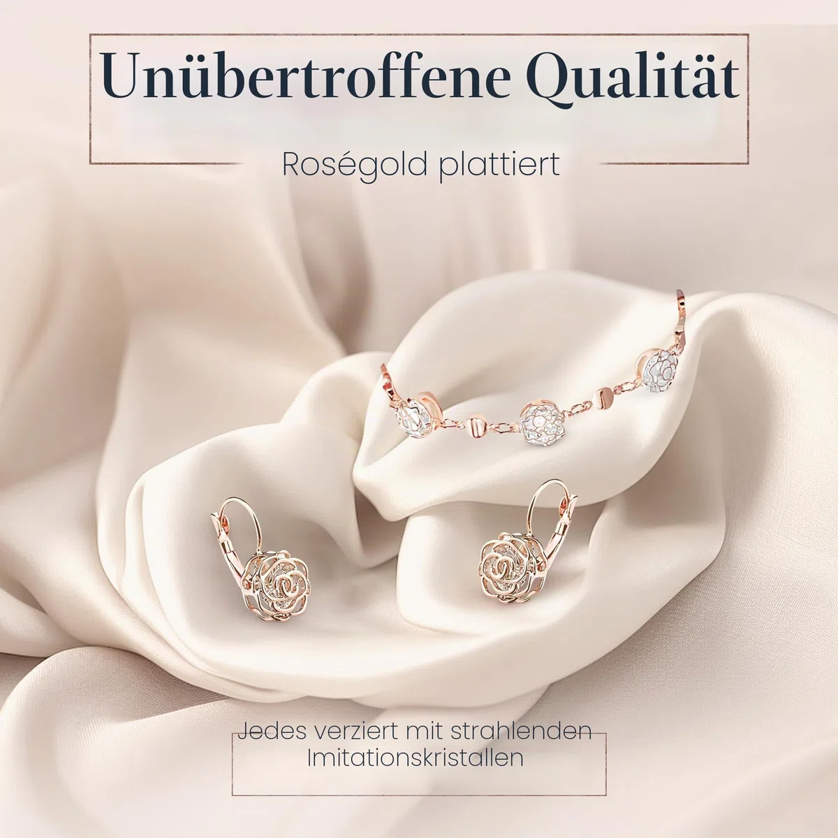 Crystalline Azuria Rose Blumen Kristalle Schmuck-Set Halskette 45 cm Leverback Ohrringe Armband 18 kt Vergoldet für Damen