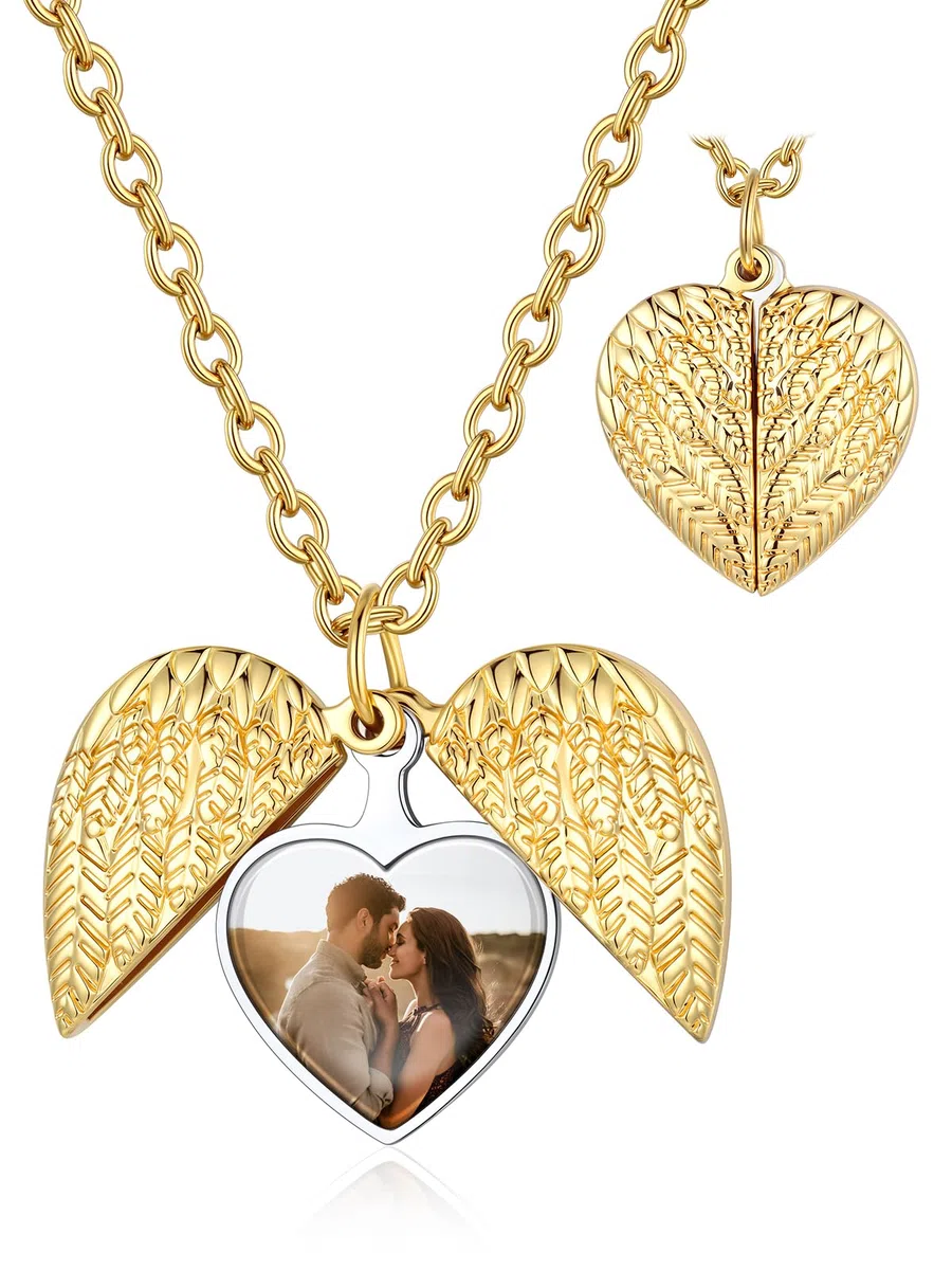 Custom4U Personalisierte Medaillon zum Öffnen für Bilder Memorial Damen Herz Engelsflügel Medaillon Kupfer Foto Kette mit Gravur Silber/Gold/Schwarz Locket Amulett mit 46cm/51cm kette