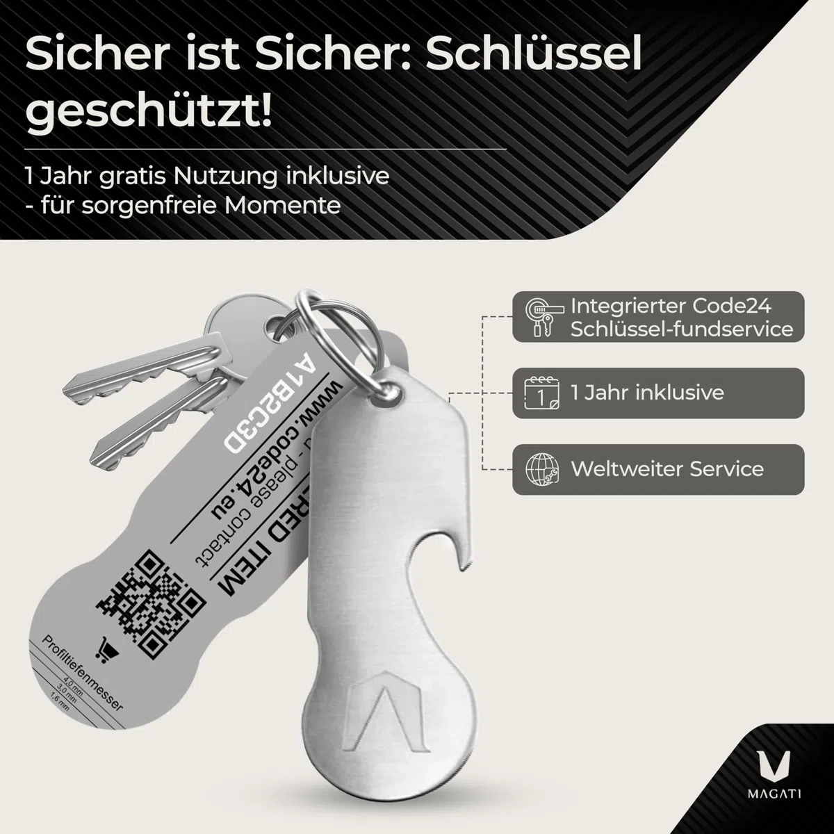MAGATI Einkaufswagenlöser in hochwertiger Optik – Edelstahl Einkaufswagenchip mit Profiltiefenmesser, Flaschenöffner & Fundservice - 50 Stück