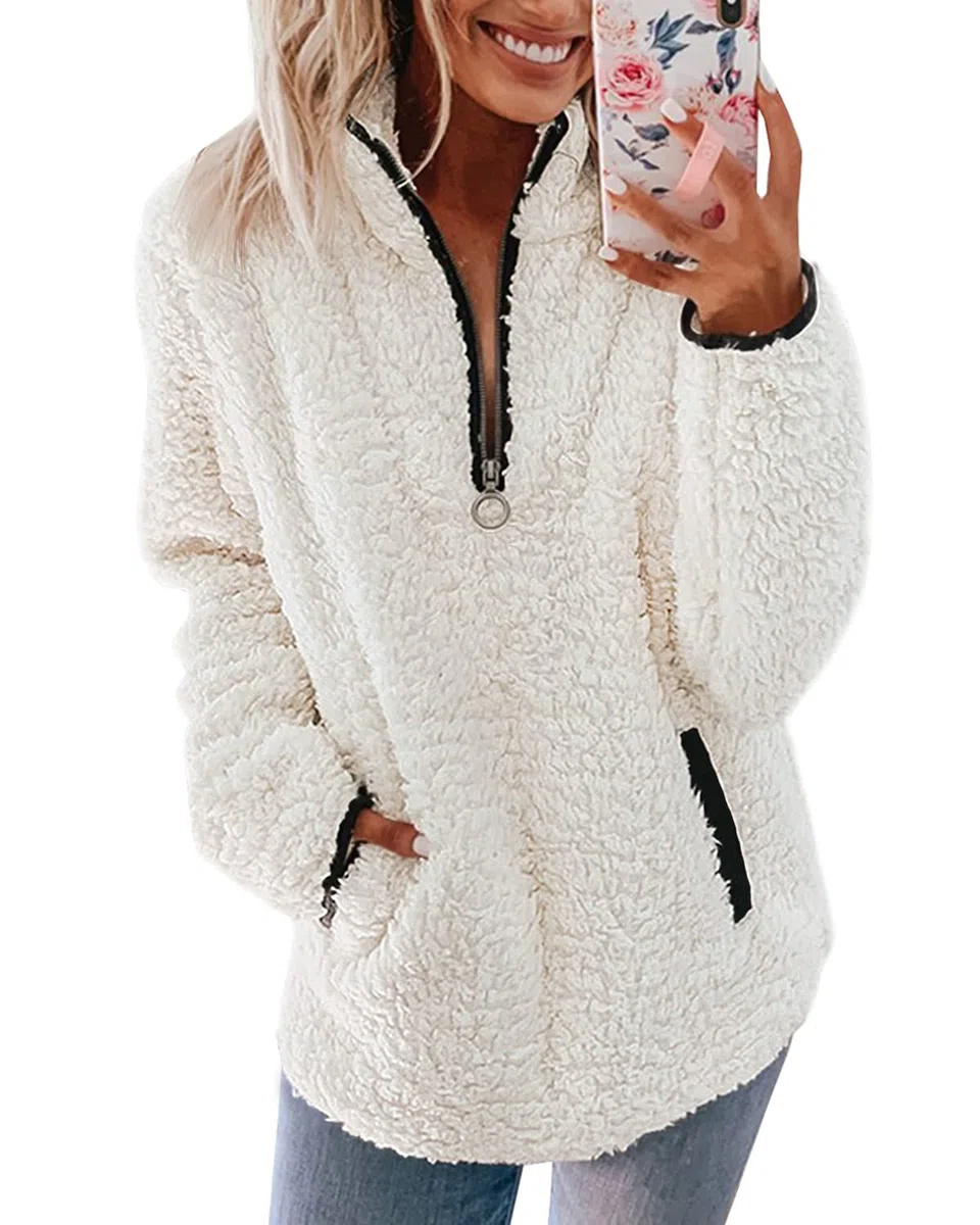 Pullover Damen Fleecepullover Teddyjacke Teddy Flauschiger Teddyfleece Jacke Kuschelpullover Winterjacke Fleecejacke Plüschjacke Kuscheljacke Kapuzenpullover Winter Mit Taschen Top