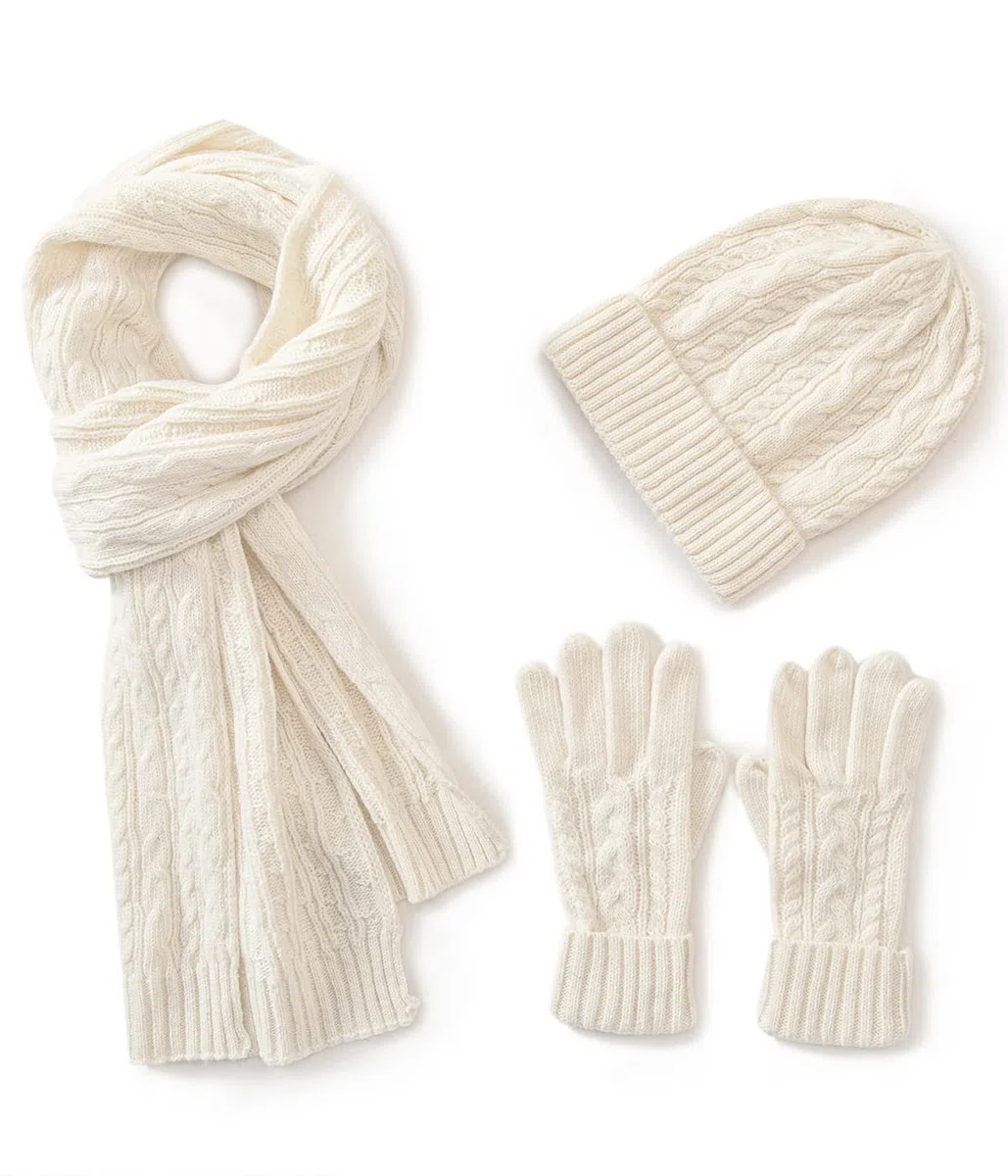 Villand 3 in 1 Damen Wolle Mütze, Schal & Handschuh Winter Sets, 3-teilige Zopfstrickmütze für Damen mit Geschenkbox