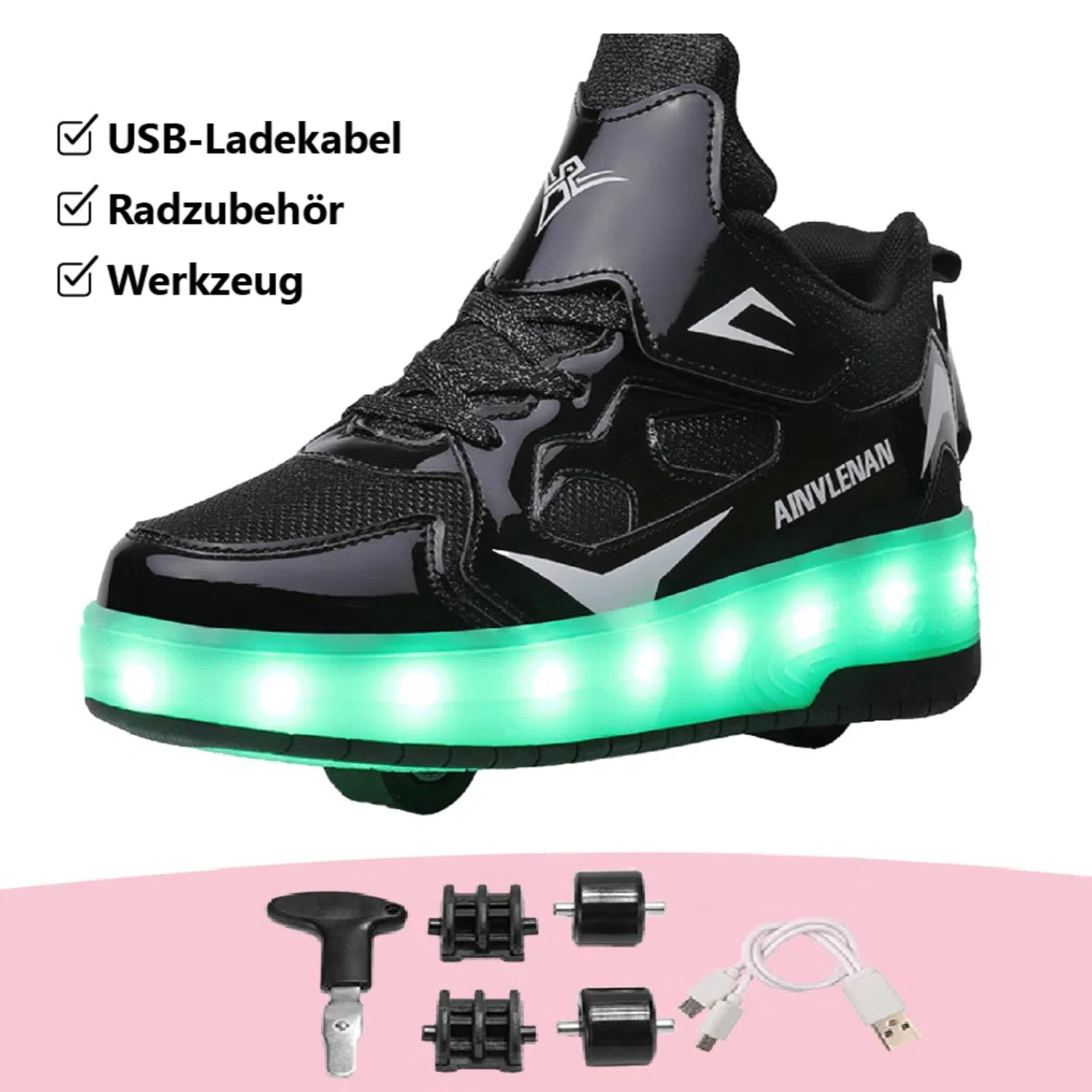 HUSKSWARE Kinder Schuhe mit Rollen – LED Sneaker 2 Rollen, USB aufladbar, Farbwechsel Licht, Skateboard Schuhe Jungen Mädchen, Rollschuhe Sportlich, Schwarz Rosa Gold Silber Weiß, Größe 28–41 EU