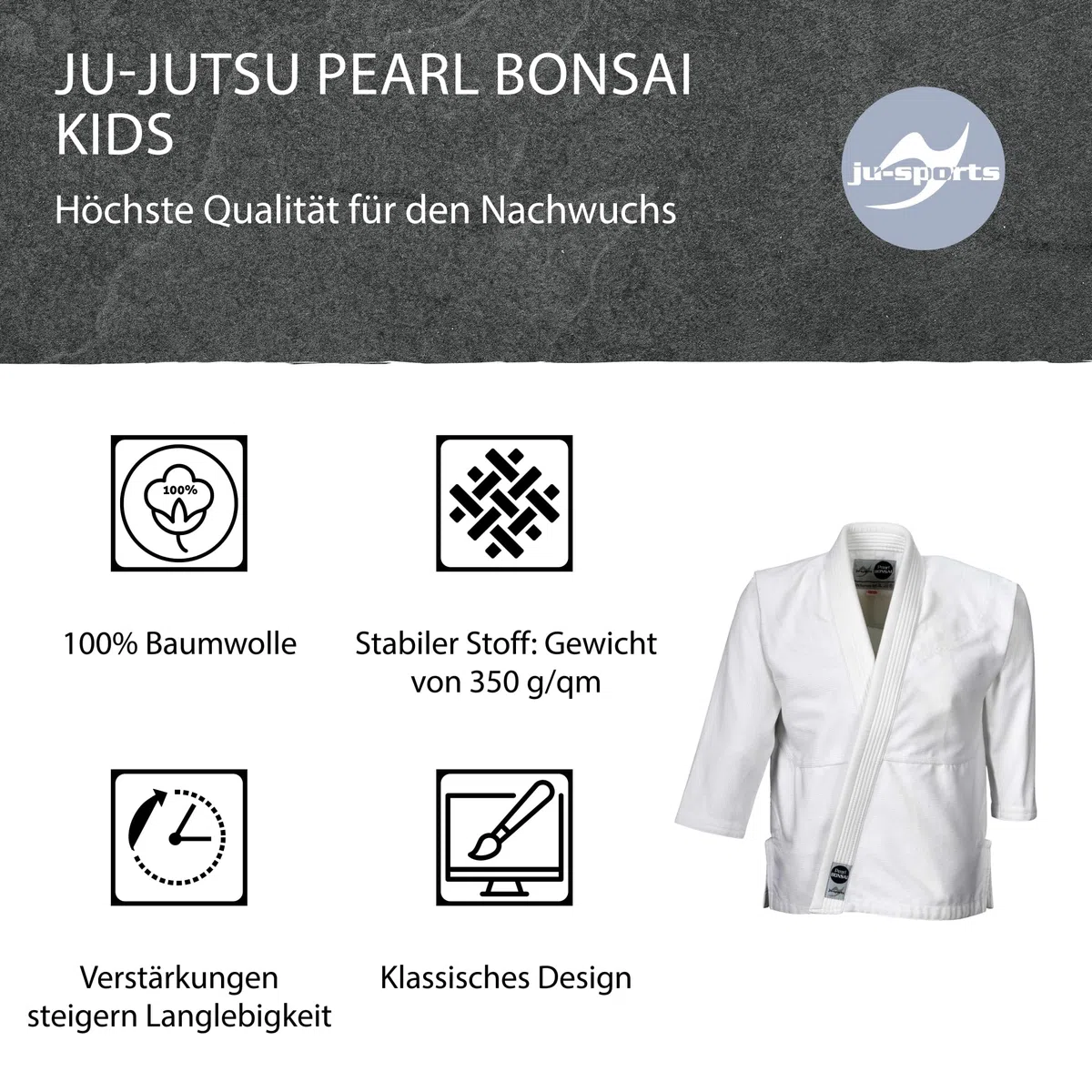Ju-Sports Ju-Jutsu Pearl Bonsai Kids I Leichter, schlanker Brazilian Jujutsu Anzug speziell für Kinder I BJJ Gi mit hochwertigem Finish I 100% Baumwolle