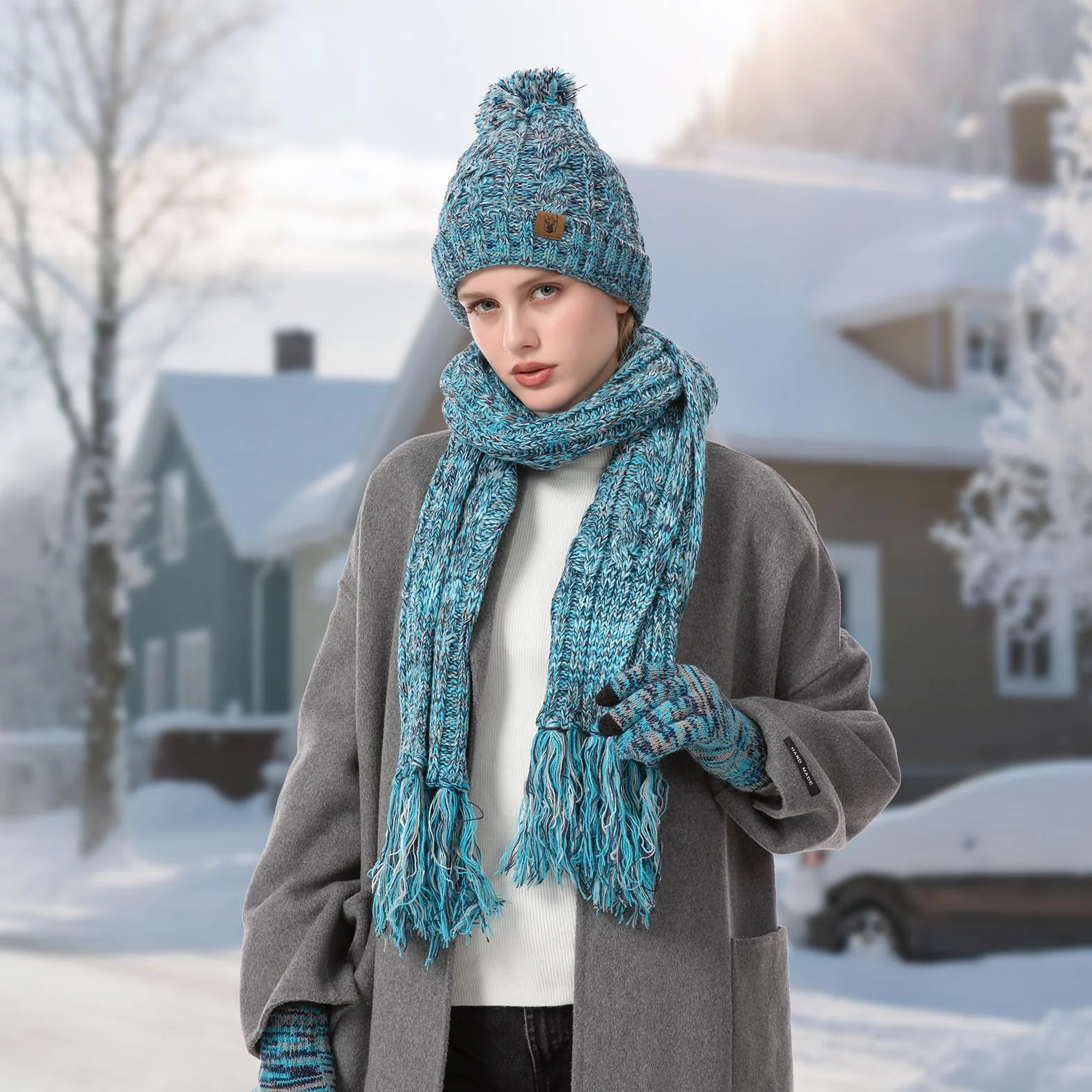 Mütze Schal Handschuhe Set Winter Weich Warm Pelzgefütterte Bommelmütze Langer Schal mit Quaste und Touchscreen Handschuhe Set 3-teiliges Melange Gestrickt Damen Unisex