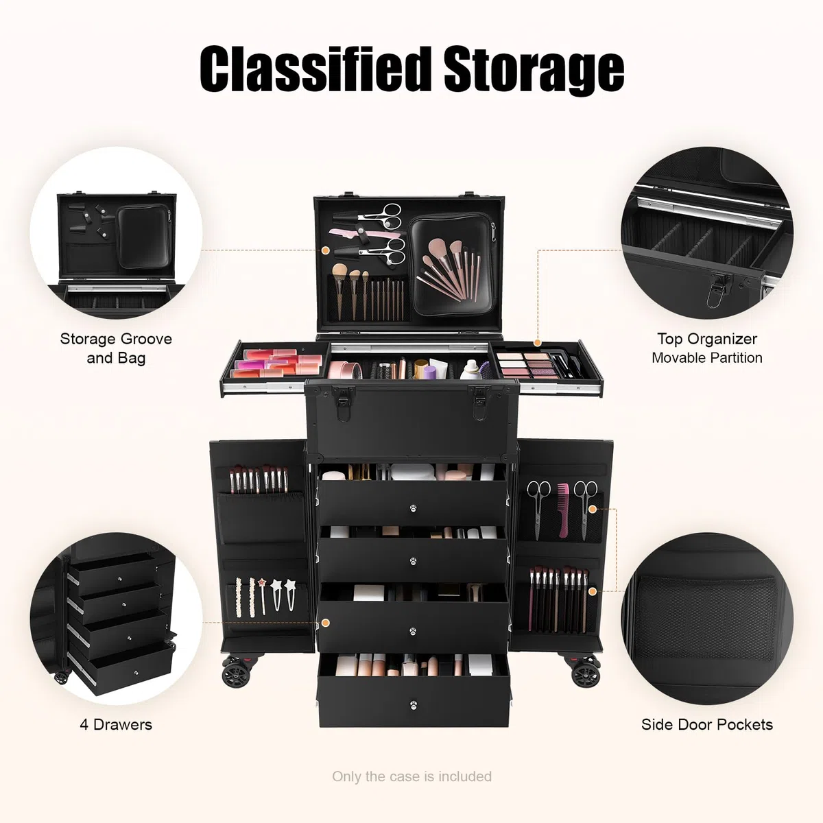 Professioneller Kosmetikkoffer Trolley Friseur Koffer mit 4 Schubladen, 6 Rollen, 4 Schlüssel Kosmetik Trolley Friseurkoffer Schminkkoffer Damen Make Up Koffer für Reisen, Visagist
