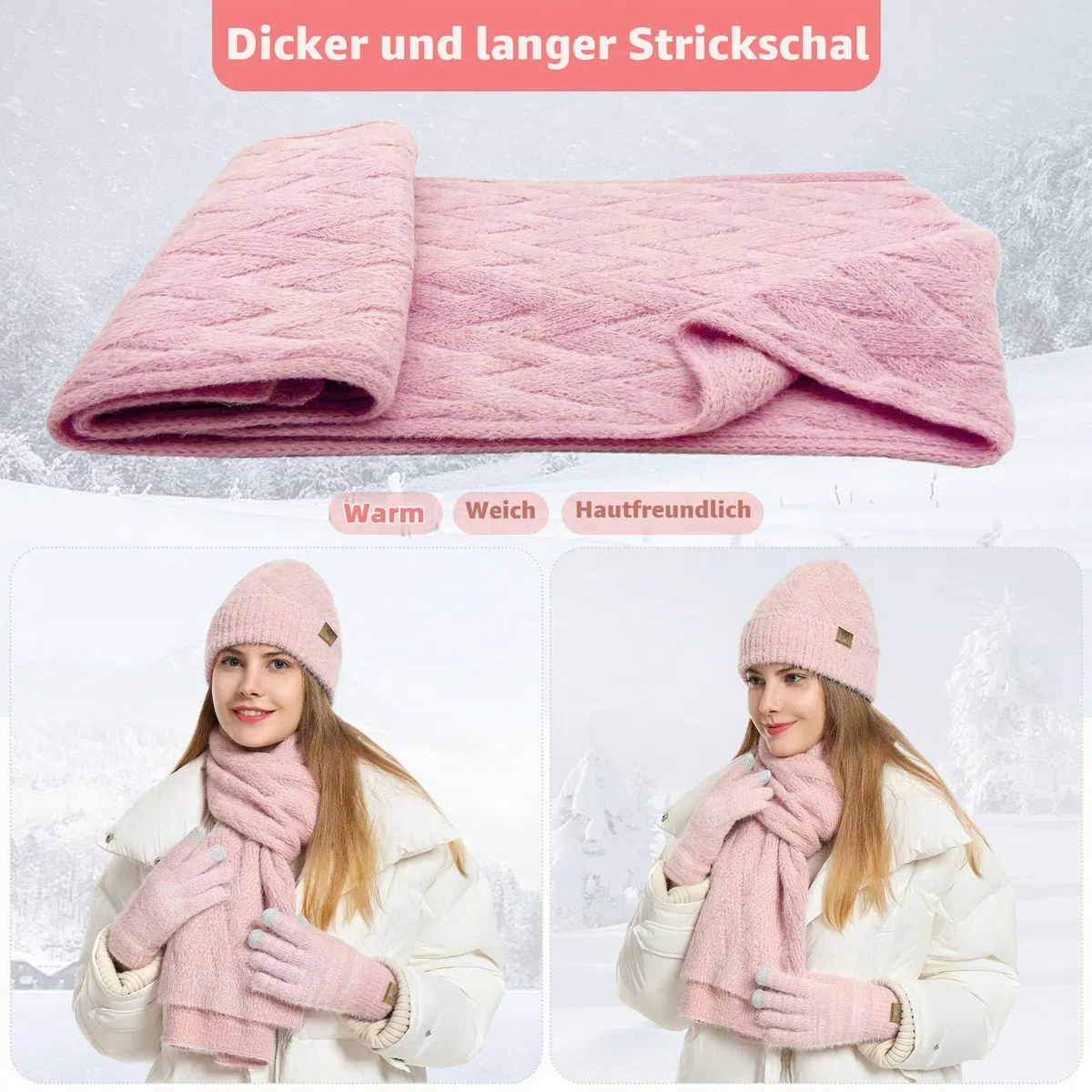 Mütze Schal Set und Handschuhe für Damen Beanie Mütze Winter mit Fleecefutter and Touchscreen Handschuhe Langer Schal 3 in 1 Set
