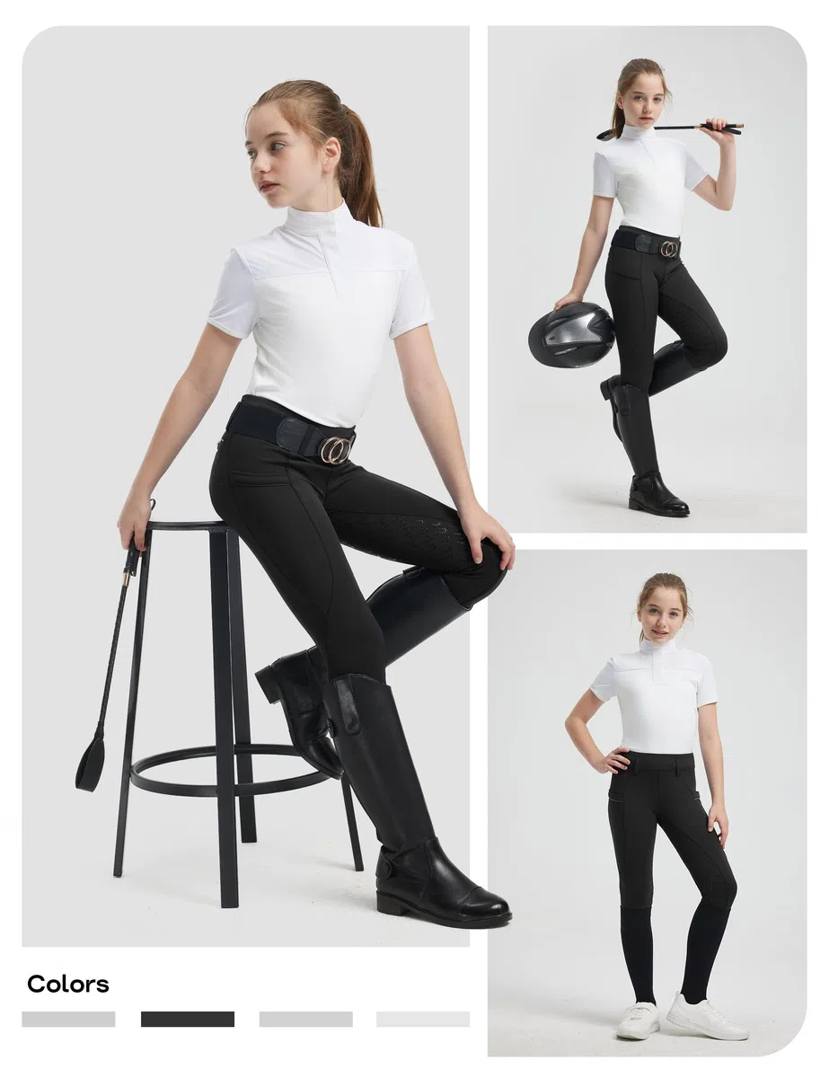FitsT4 Sports Reithose Mädchen Kinder Silikon Vollbesatz Reitleggings Reiten Hosen Elastische Reiterhosen mit 2 Seitlichen Taschen und Gürtelschlaufen