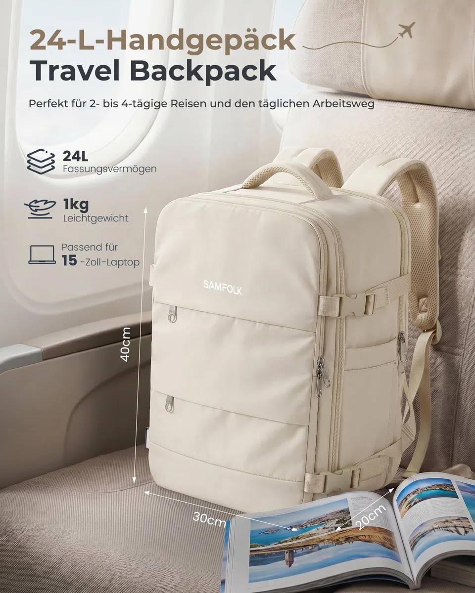 Samfolk Handgepäck Rucksack Ryanair Handgepäck 40x30x20 Travel Backpack 11 Taschen Carry On Bag Cabin Bags Mit Anti-Diebstahl-Tasche für Frauen & Männer Tragetasche Hand Luggage Backpack, 24L