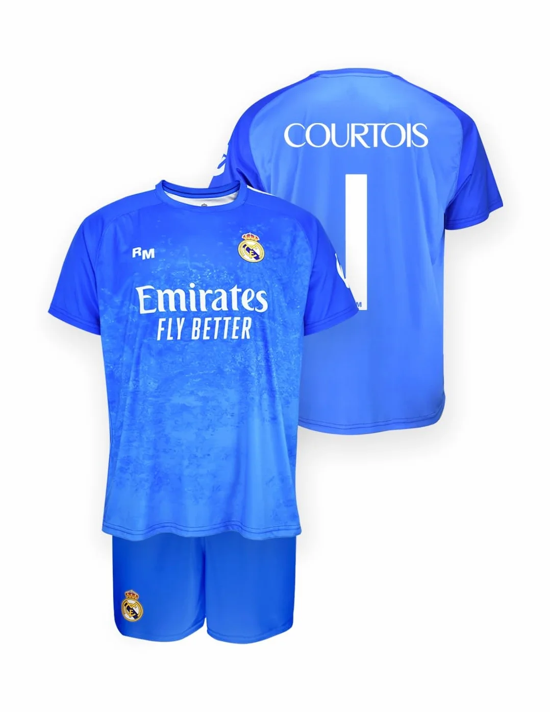 Real Madrid Courtois 25/26 Kinder-Set – Blaue Torwartausrüstung (Trikot + Hose) | Offizielle Replik | Name Courtois und Rückennummer 1, Größen 6 bis 14 Jahre
