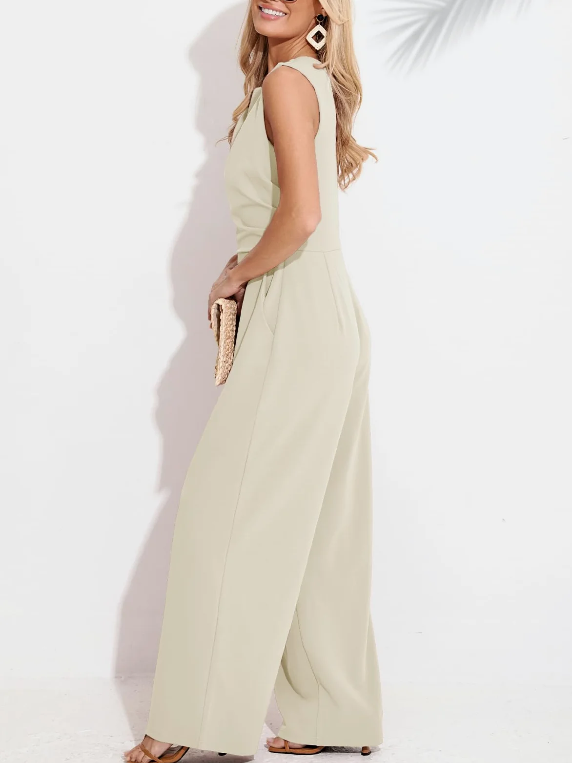 CUPSHE Damen Jumpsuit Rundhals Ärmellos Overall Plissee Weite Beine Playsuit mit Taschen Elegant Hosenanzug