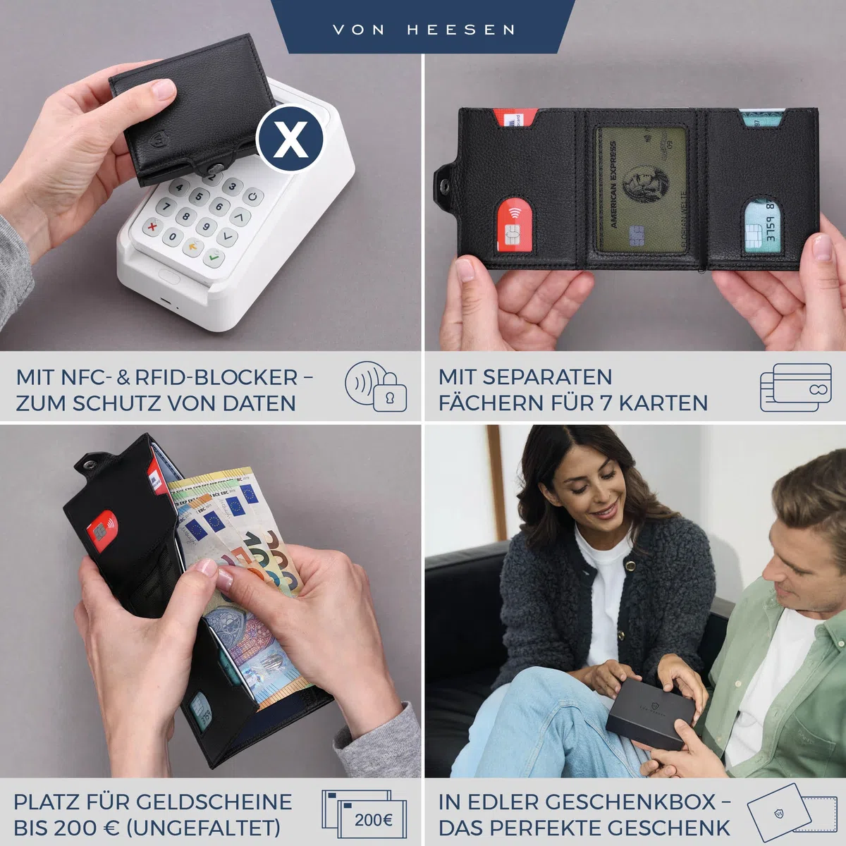 VON HEESEN Slim Wallet mit XL Münzfach & RFID-Schutz - Mini Geldbörse Herren & Damen - Kartenetui Kreditkartenetui - Portmonee Geldbeutel Portemonnaie klein Schwarz