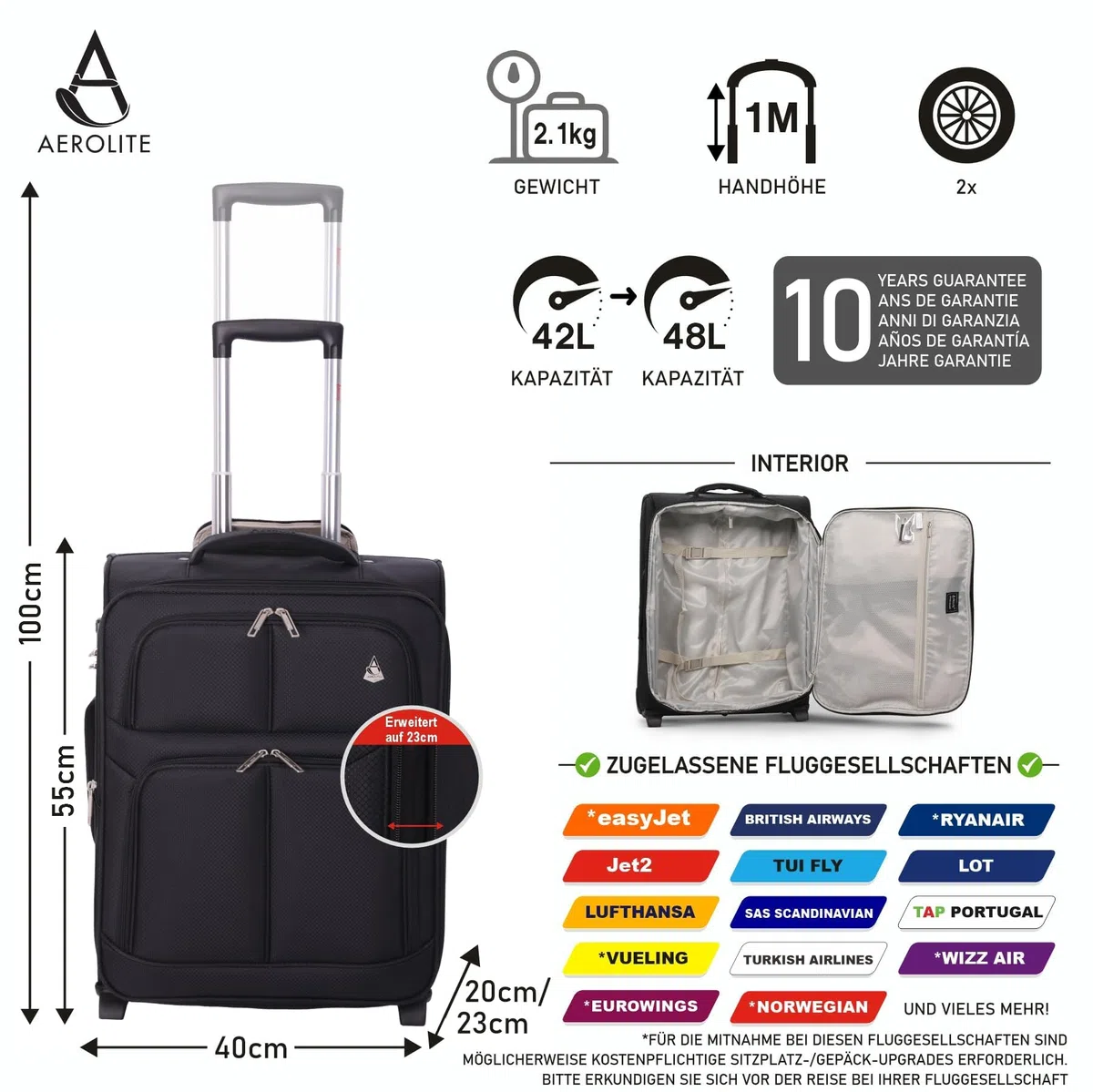 Aerolite Erweiterbar 55x40x20cm auf 55x40x23cm Lufthansa Eurowings Bordgepäck Handgepäck Koffer 55x40x20 55x40x20 mit 2 Rollen - Auch für Condor, SunExpress, TUI und Vieles Mehr (Schwarz)