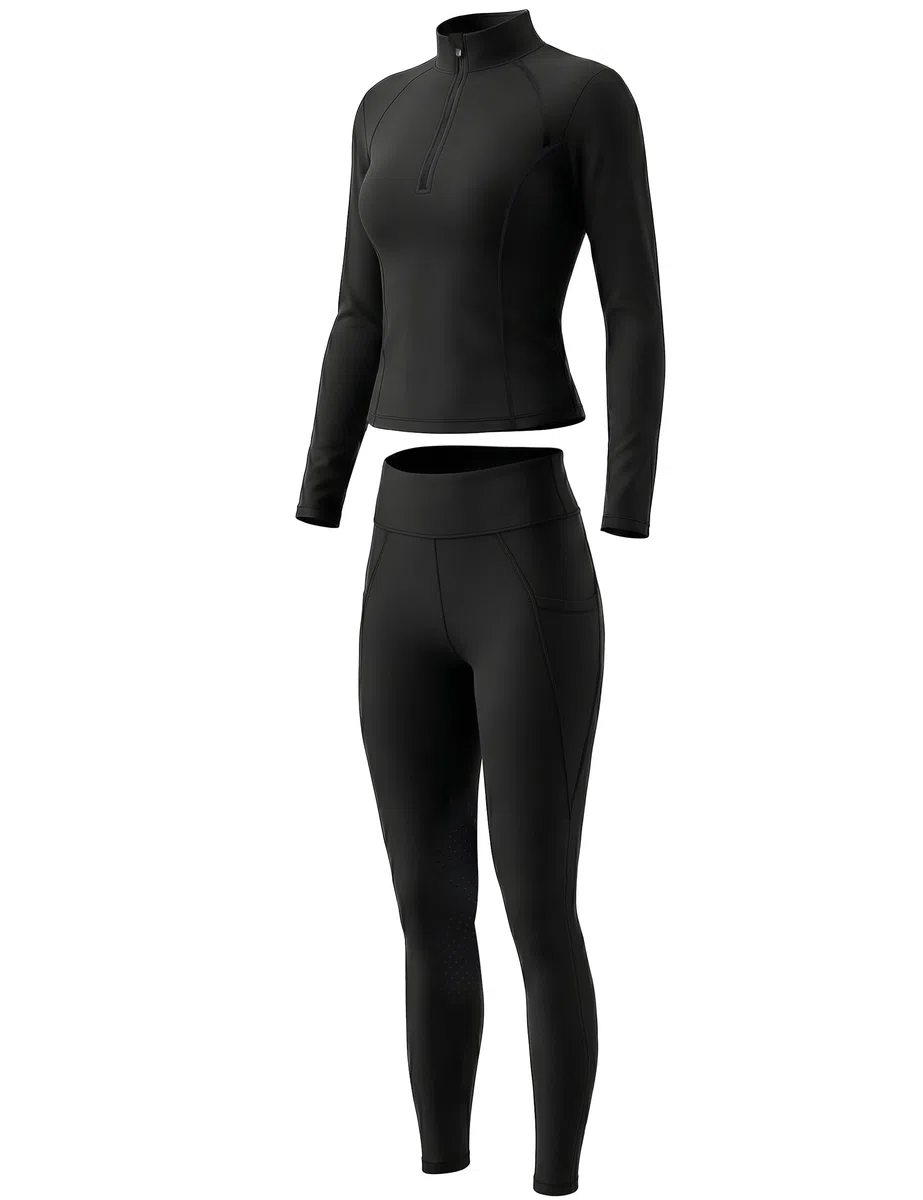 FitsT4 Sports Reitset für Damen Reithose und Reitsport Oberteil Stretch Reitleggings Reitbekleidung Sommer mit Knie-Patch Silikon und Taschen