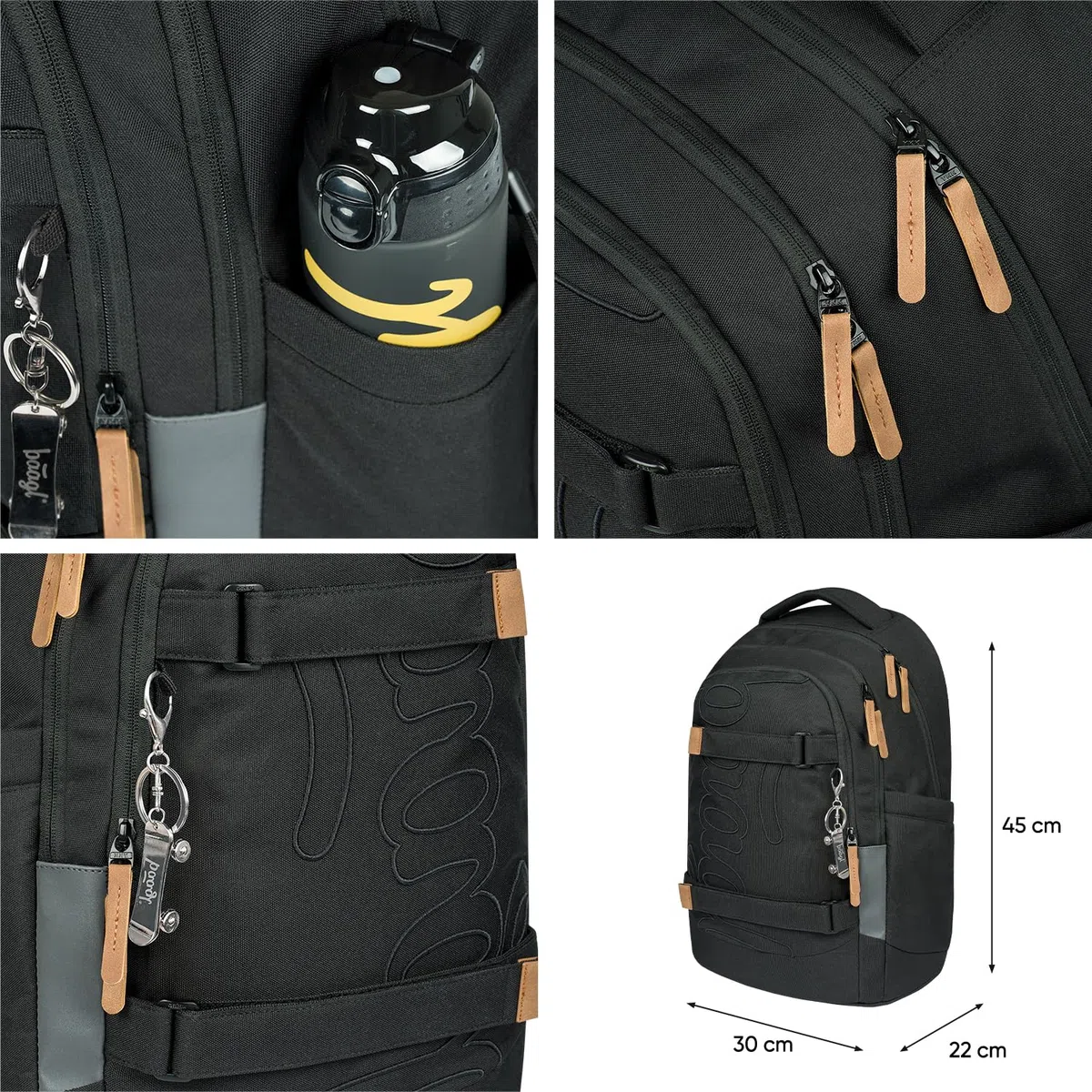 Baagl Schulrucksack Set Jungen Mädchen 5 Teilig 30 l - Darkness | Skateboard Rucksack für Teenager hat ein ergonomischer Schulranzen System, eine Bauchtasche und ein Laptopfach für Schule.