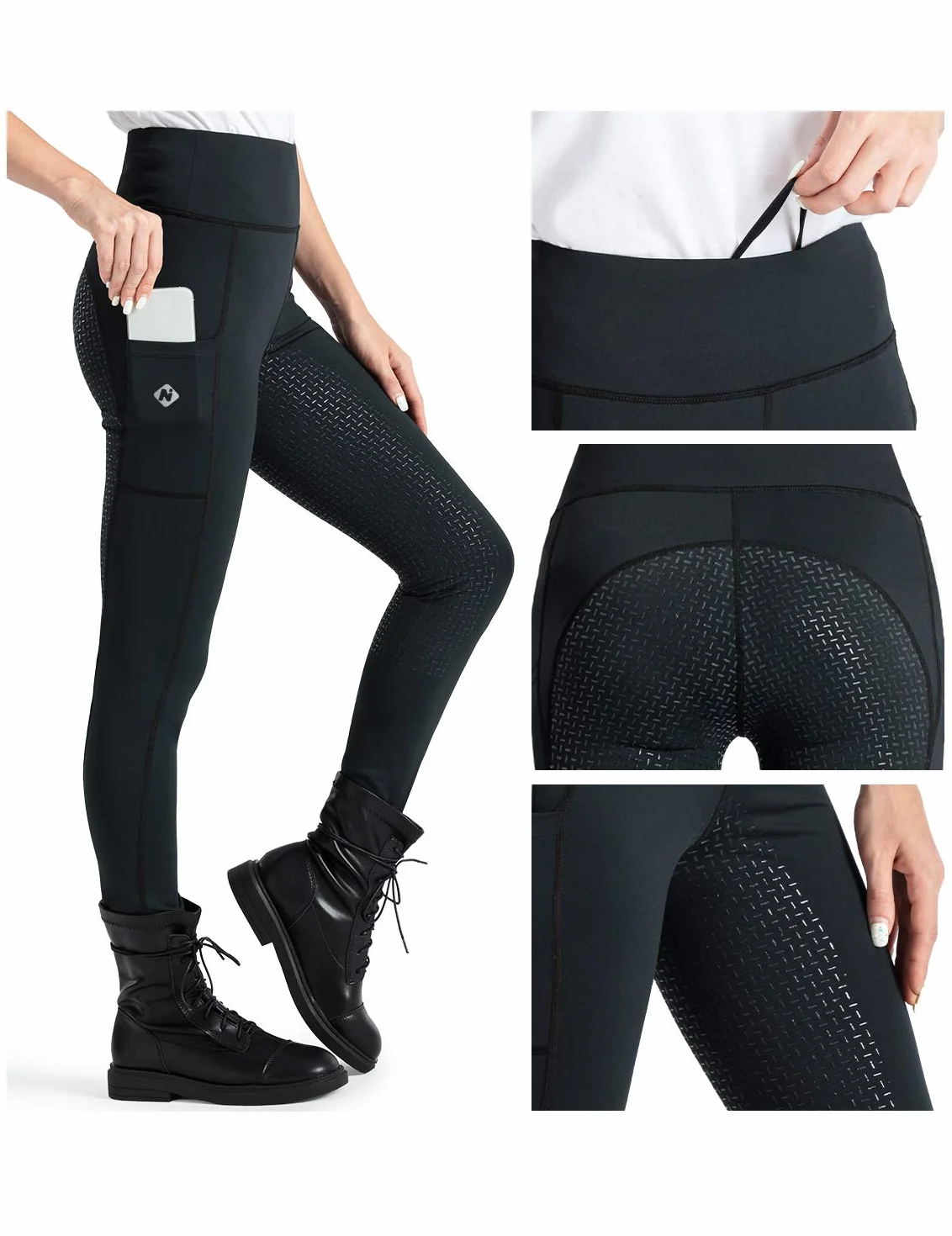 NAVISKIN Damen Reitleggings Silikon-Vollbesatz Reithose Silikongrip Vollbesatzreithose Handytasche