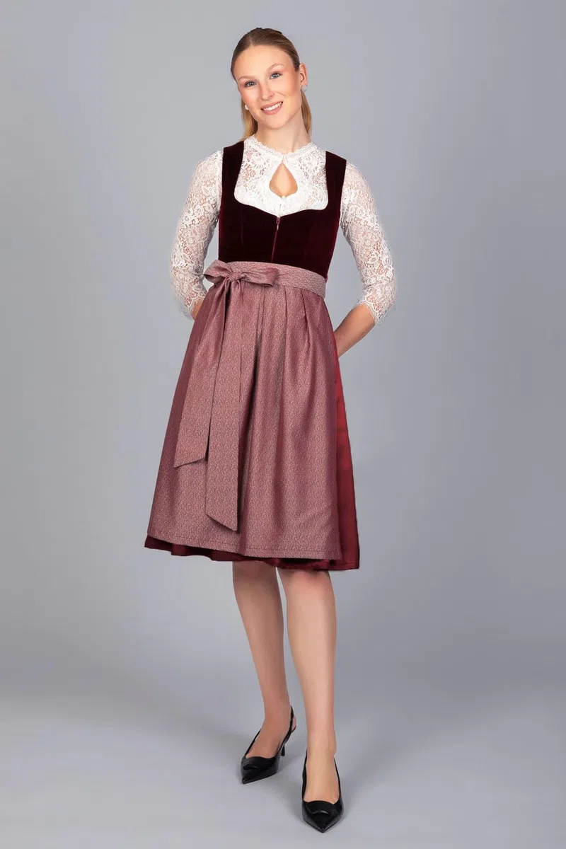 Edelnice Trachtenmode Exklusives Designer Midi Dirndl Lilly Samt rot inkl. Dirndlschürze Gr. 32-54
