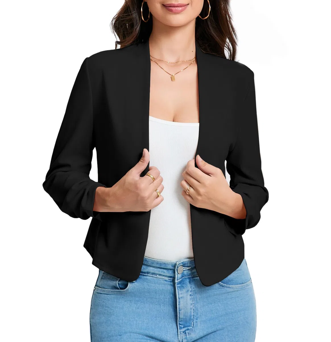 Kurzblazer Damen Festlich 3/4-Ärmel Blazer Damen Elegant Anzugjacke für Casual Offene