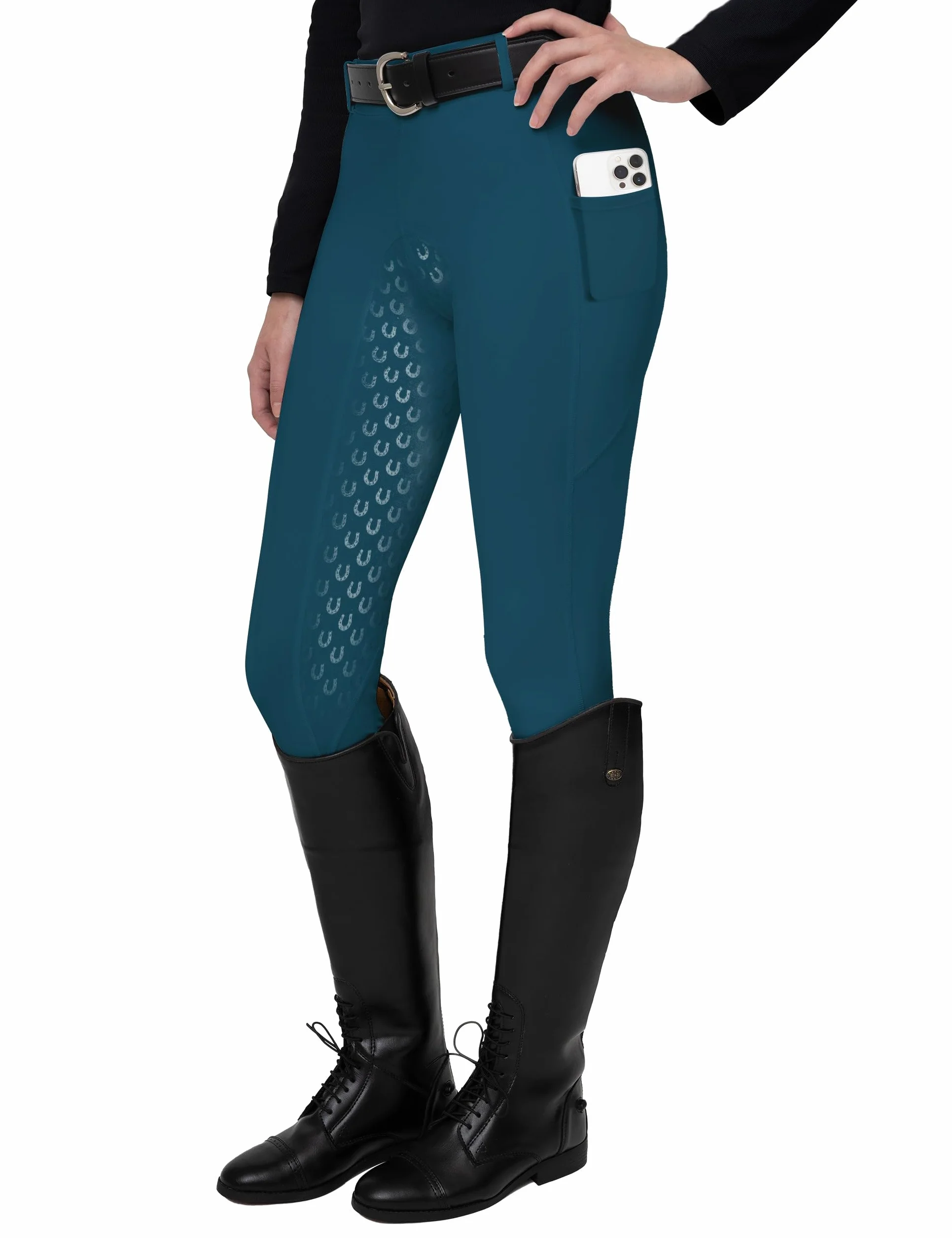 FitsT4 Sports Damen Reitleggings Silikon Vollbesatz Reithose mit Handytasche und Gürtelschlaufen