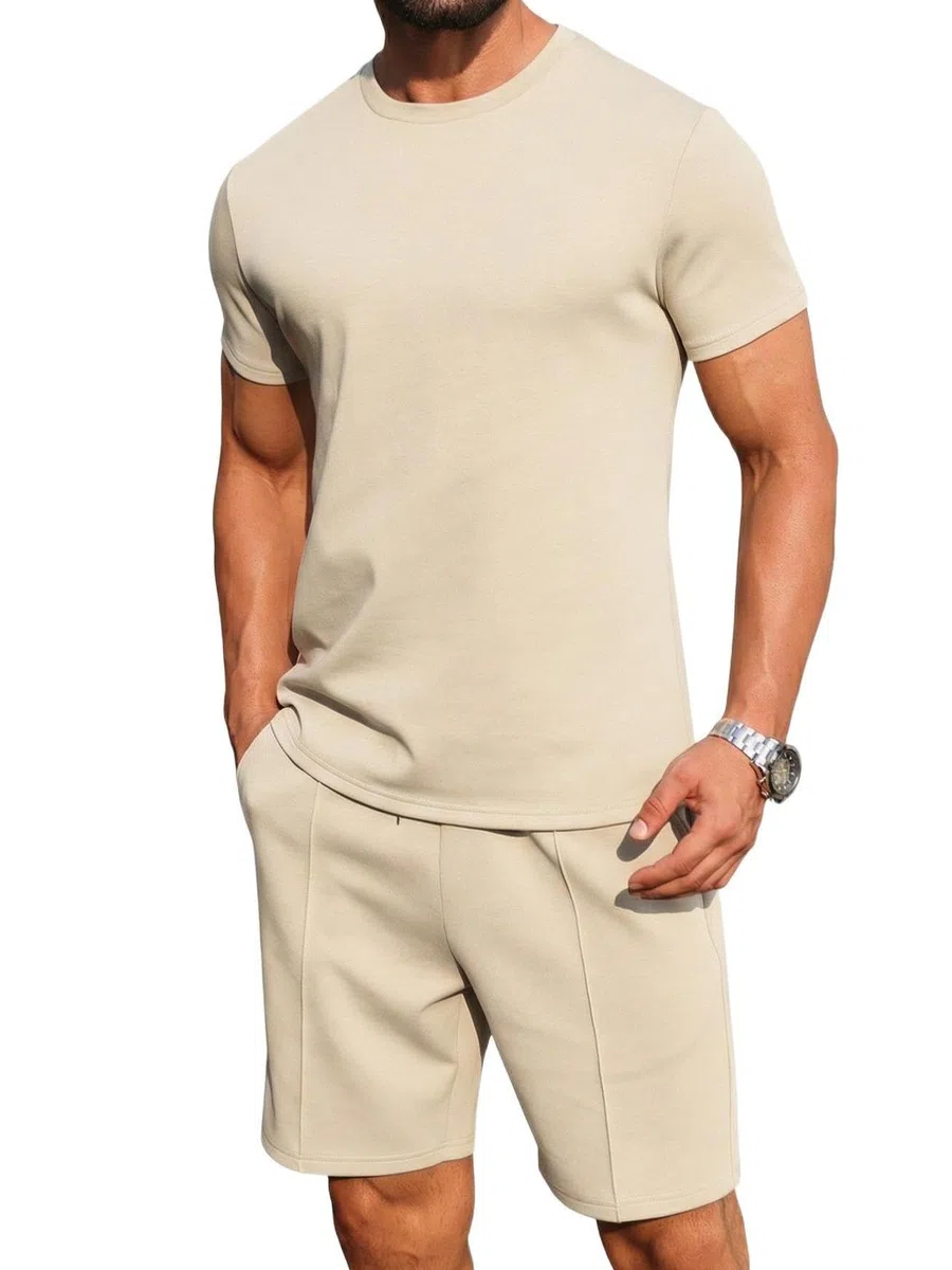 QIXING 2-Teiler Herren Sommer Outfit Kurz Trainingsanzug Hemd & Shorts Set Freizeitanzug mit Taschen Kurzarm