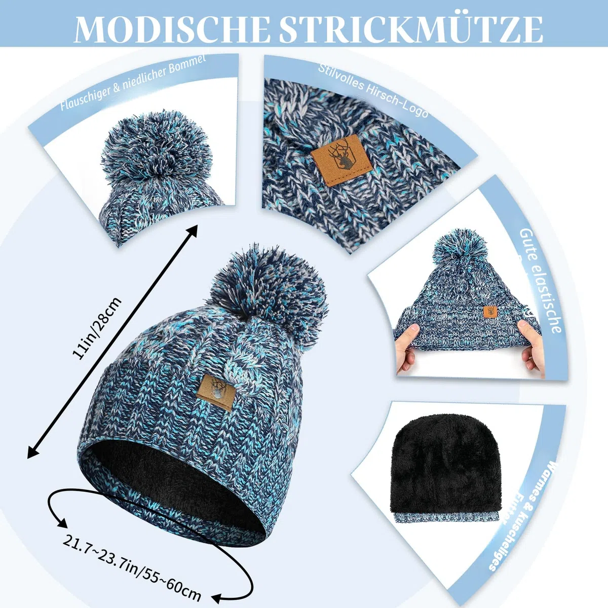Mütze Schal Handschuhe Set Winter Weich Warm Pelzgefütterte Bommelmütze Langer Schal mit Quaste und Touchscreen Handschuhe Set 3-teiliges Melange Gestrickt Damen Unisex
