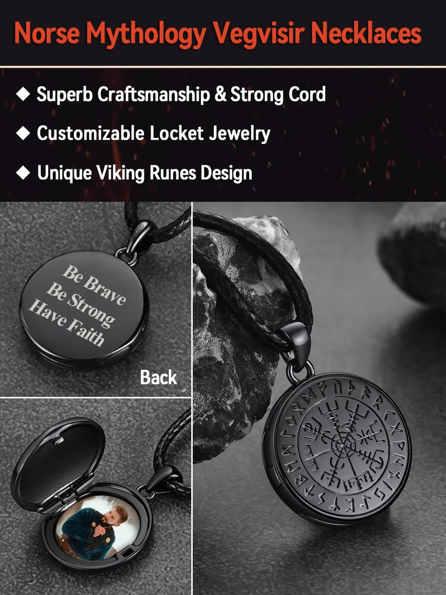 FaithHeart 925 Foto Anhänger für Damen Herren, Schwarz Medaillon mit Wikinger Vegvisir Symbol, Wikinger Amulett mit Bildanhänger für Geburtstag Weihnachten Halloween