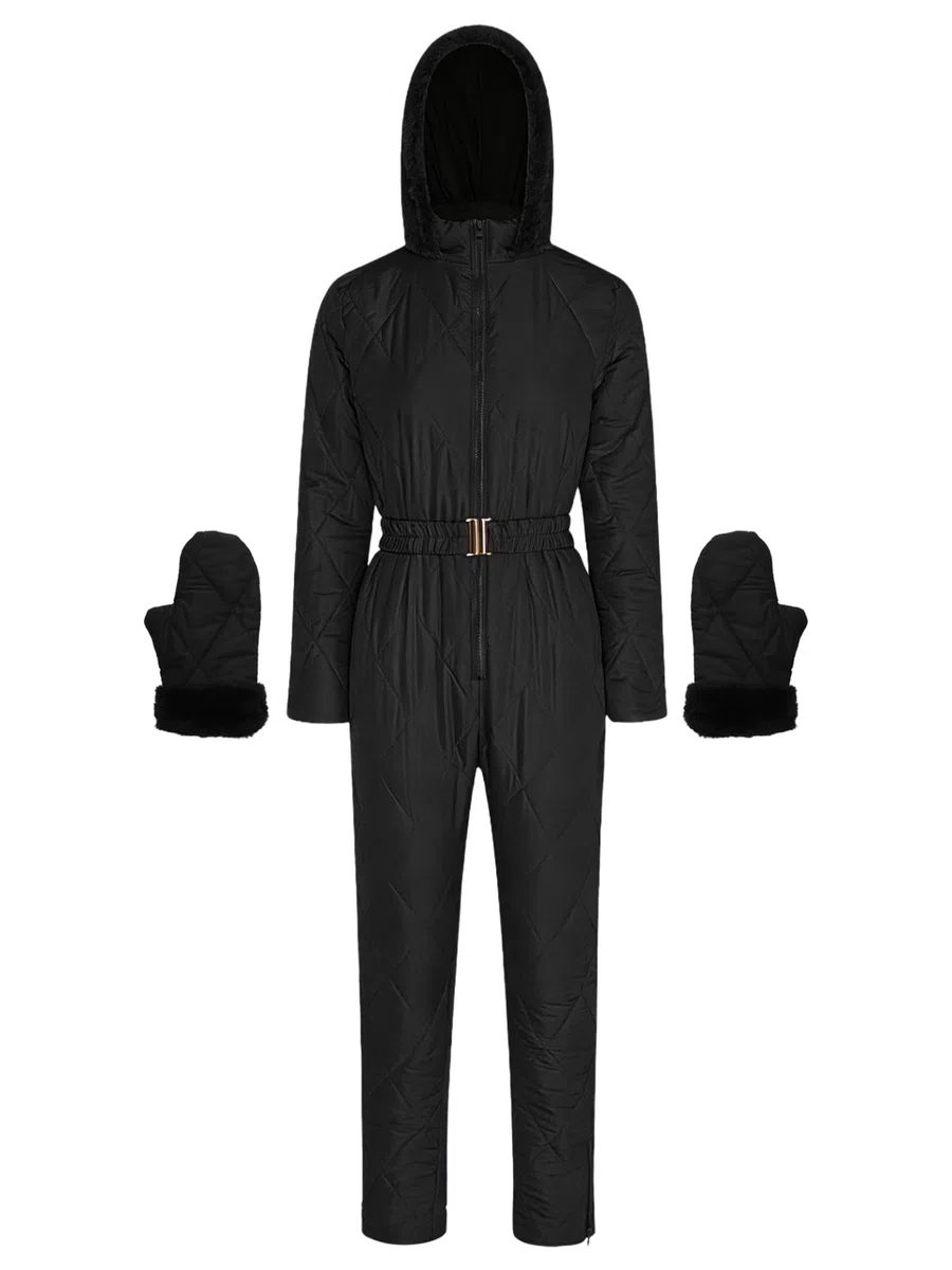 Damen Schneeanzüge Overall Langarm Wasserdicht Strampler Skianzug Fellbesatz Kapuze Daunenanzug Winddicht Mit Handschuhe Winter Warm