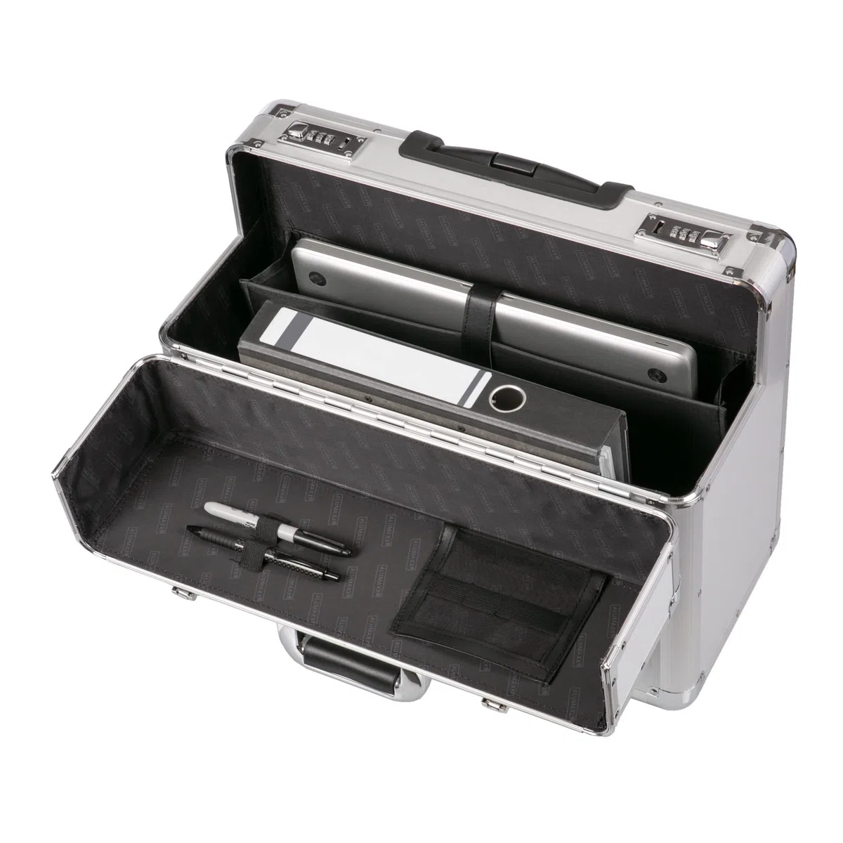 ALUMAXX 45122 Pilotenkoffer Omega, Koffer aus Aluminium, Alukoffer mit Rollen, Trolleykoffer, Fach für 17" Notebooks, Rollkoffer mit Teleskopgriff, Silber, 48 x 38,5 x 23 cm