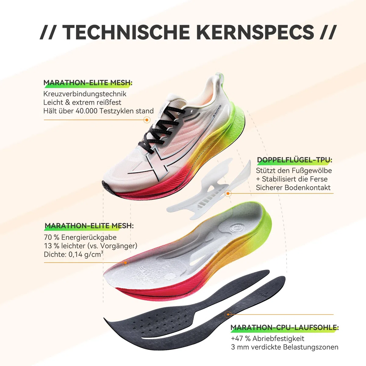 XTEP Professionelle 2000km Herren-Laufschuhe für Prüfungstraining,Hohe Dämpfung Starke Rückstoßfähigkeit Sneaker, rutschfeste und strapazierfähige Sportschuhe, ideal für Langstreckenläufe ab 10 km