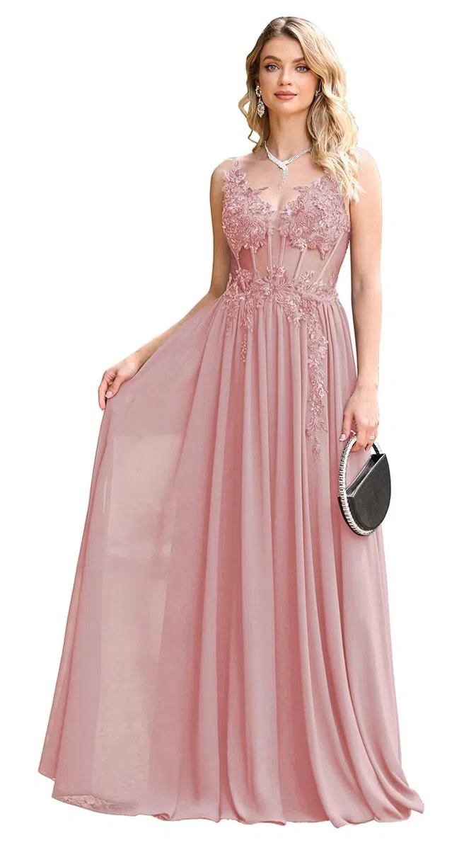 Misshow Luxuriöses Abendkleid für Zeremonie, lang, Pailletten, Perlen, mit Applikationen aus floralem Chiffon, Rosa, 42