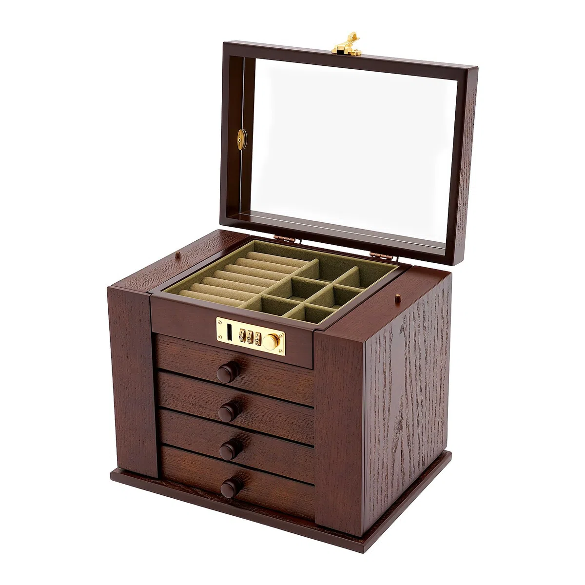 Schmuckkasten Damen Holz Groß, Schmuckkästchen Holz Vintage Abschließbar Schmuckschatulle mit Spiegel, Kosmetikkoffer Schmuckkoffer 5 Ebenen 4 Schubladen, für Armbänder Halskette Ringe