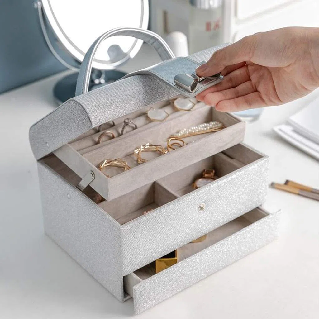 schmuckkästchen Schmuckkiste 3 Schicht Tragbare Schmucksachen Organizer Box Große Kapazität Schmuck Aufbewahrungsbox Pu. Leder Schmuckhalter Silber Mädchen und Damen