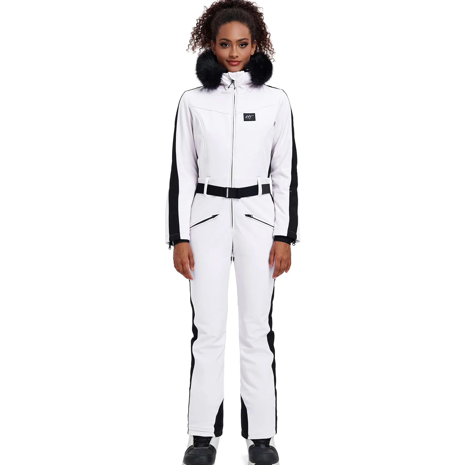 HOTIAN Damen Skianzug Einteiler Skioverall Winter Warme Damen Schneeanzug Wasserdicht Winddicht skibekleidung Schneeoverall Jumpsuit Mit Kapuze White S
