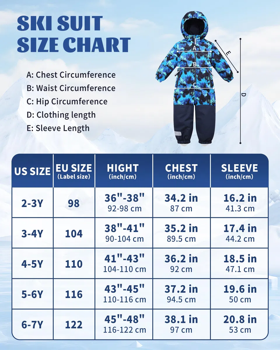 Owntop Schneeanzug Kinder Unisex, Schneeoverall Mädchen Jungen, Winddicht Wasserdicht Skianzug mit Kapuze Reißverschluss 98-122