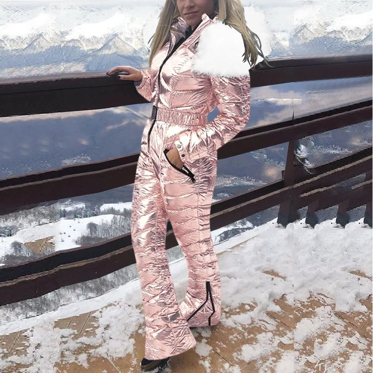 Skianzug Damen Winter Einteiler - Schneeanzug Mit Kapuzen Pelzkragen Mantel Ski-Overall Frauen Slim Fit Jumpsuit Wasserdicht Snowboard Overalls Winter Outdoor Onesie Kuschelig Pelzkragen