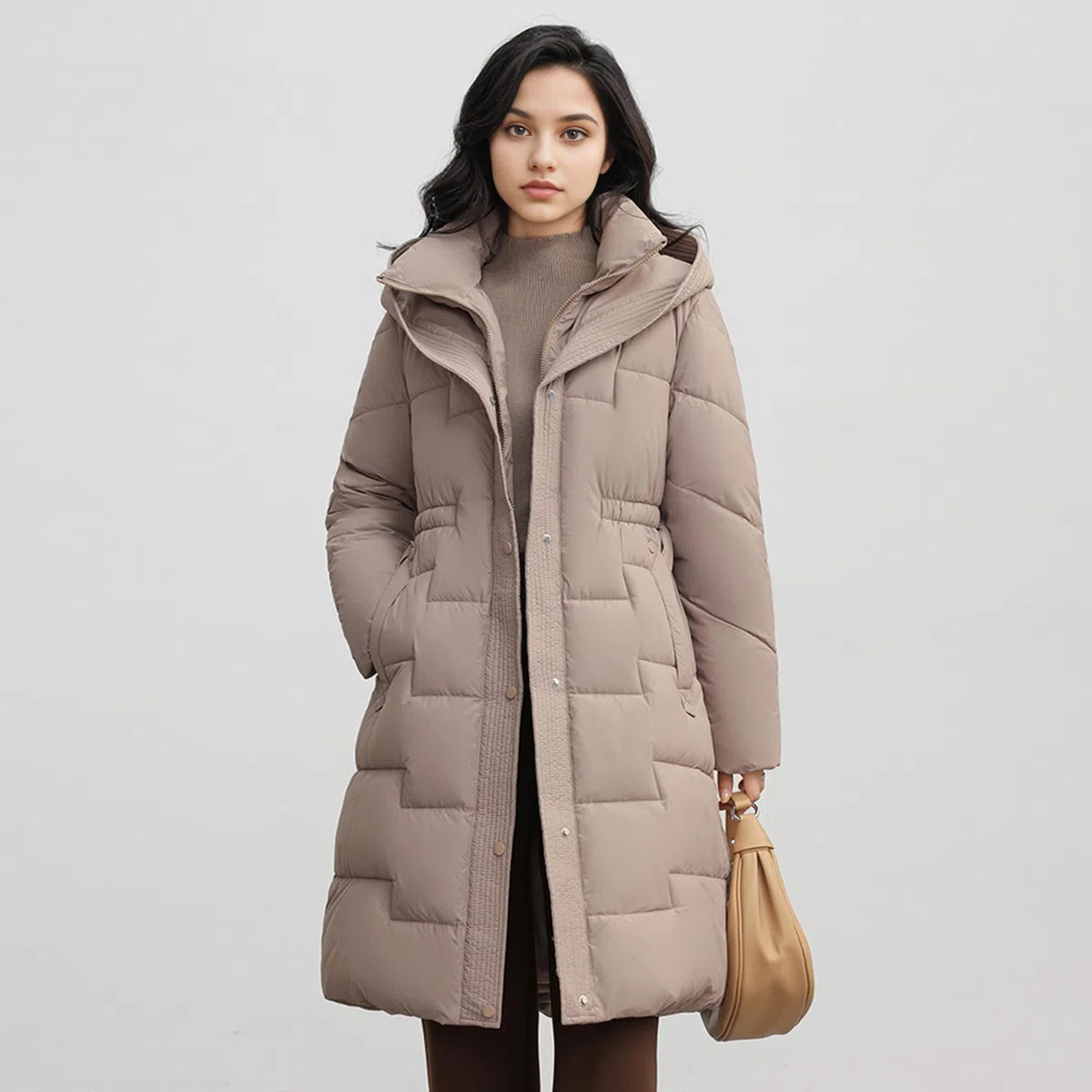 Verdickte lange Daunenjacke für Damen, mit Kapuze, Winter-Puffer, Oberbekleidung, Parka, Mantel, Stehkragen, knielang, Schneeanzug mit Gürtel