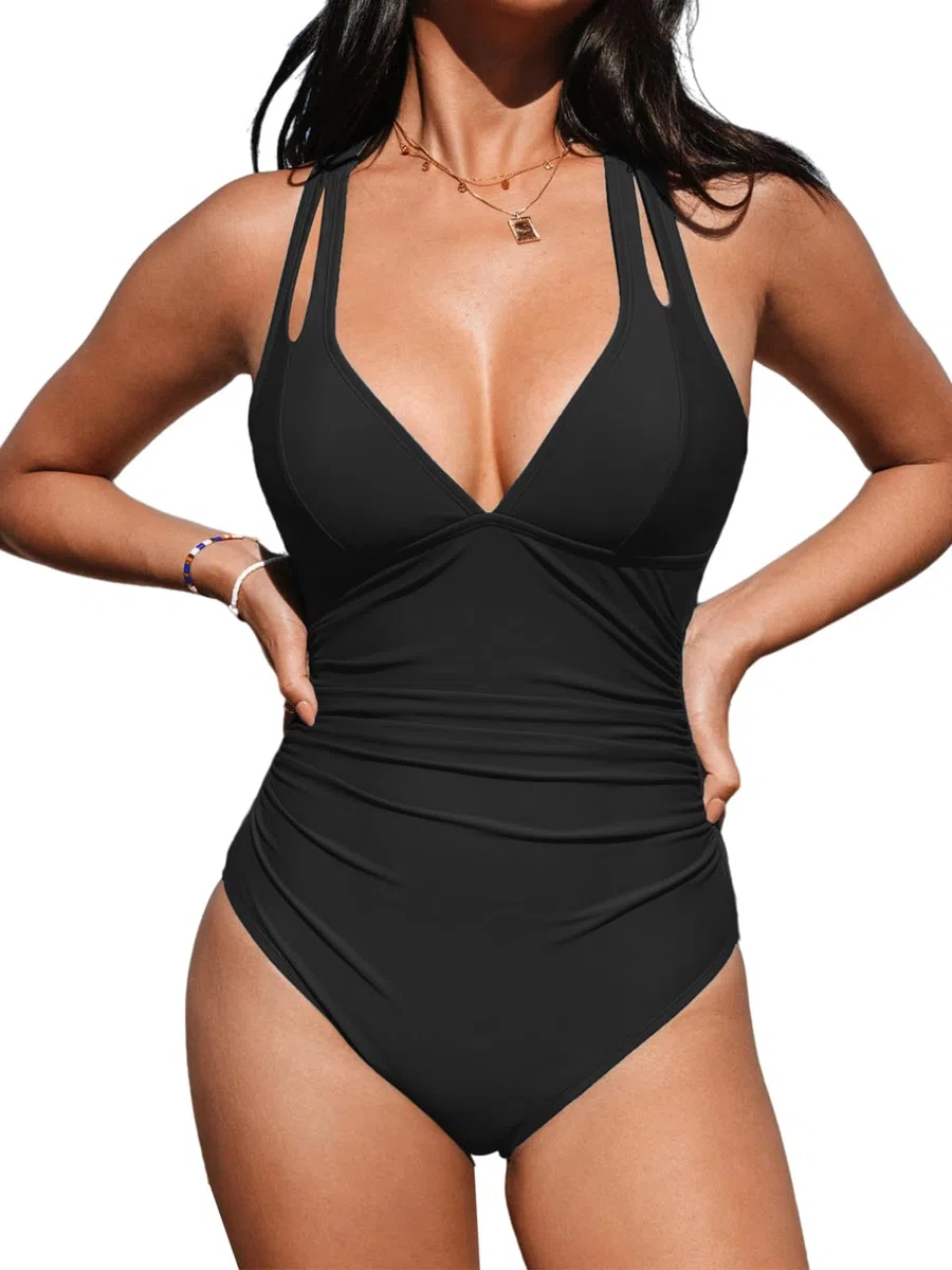 CUPSHE Damen Badeanzug V Ausschnitt Bauchweg Raffungen Tiefer Rückenausschnitt Einteilige Bademode Swimsuit