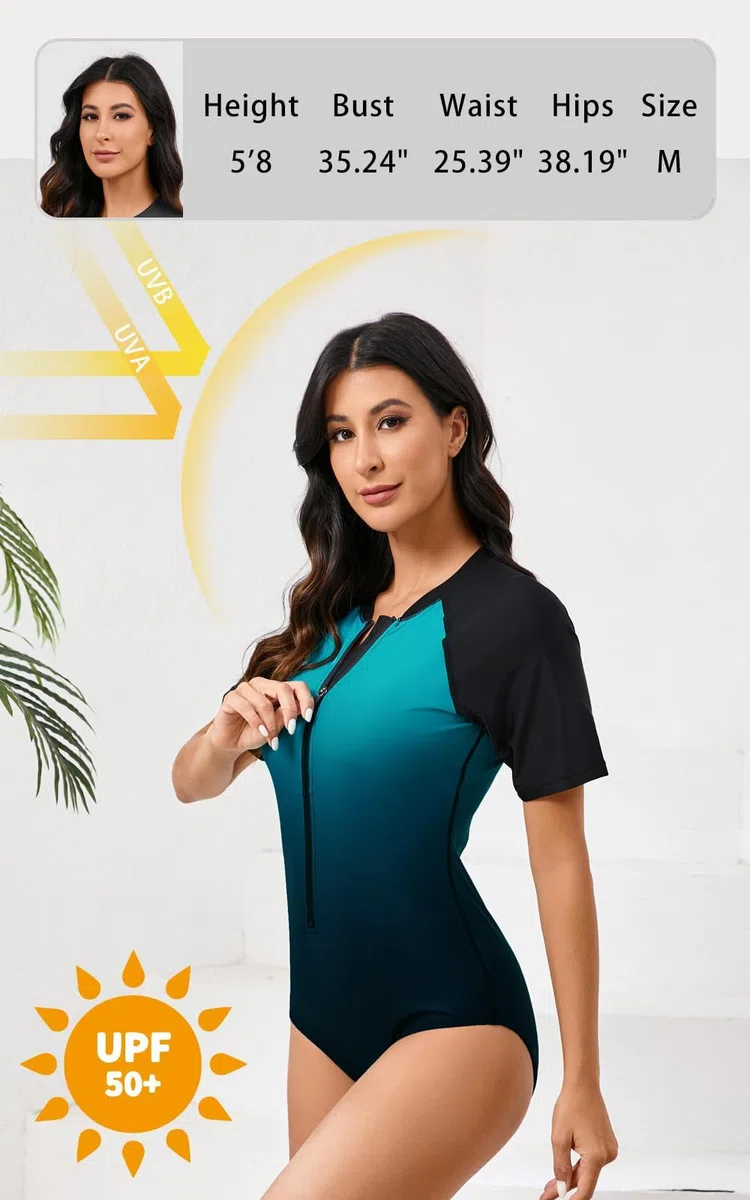 Halcurt UV Shirt Damen mit BH Kurzarm Einteiliger Badeanzug Zip Rash Guard UPF 50+ Sonnenschutz Badeshirt Schnell Trocknender Schwimmshirt S-XXL