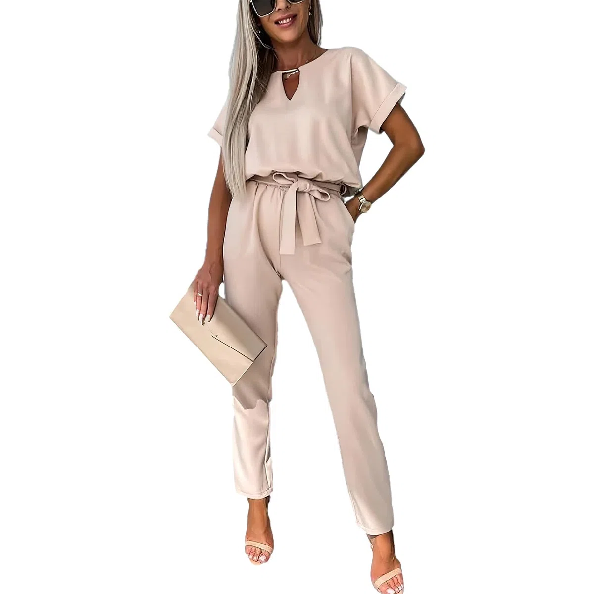 amropi Jumpsuit Damen Elegant Kurzarm Playsuit V-Ausschnitt Casual Lose Overalls Lang Romper