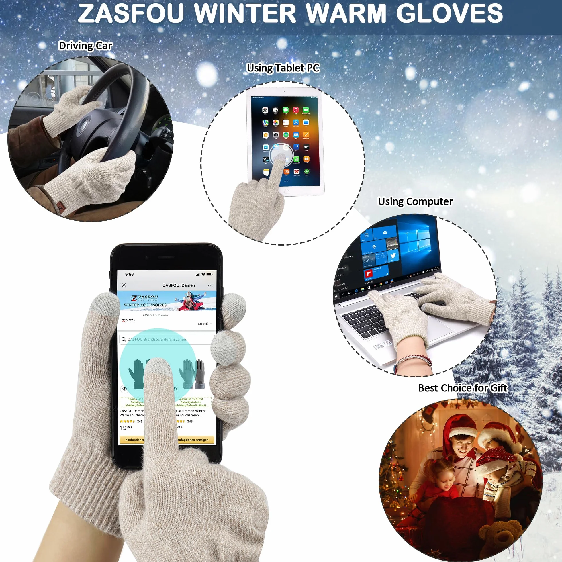 ZASFOU Damen Winter Mütze Schal Touchscreen Handschuhe Set Thermo Beanie Wintermütze Strickmütze Schlauchschal Winterhandschuhe Geschenk für Frauen