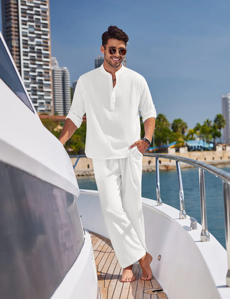 COOFANDY 2-teiliges Herren-Set aus Baumwoll-Leinen, lässig, langärmelig, Henley-Shirt, Strandhose mit Taschen, Sommer-Yoga-Outfits